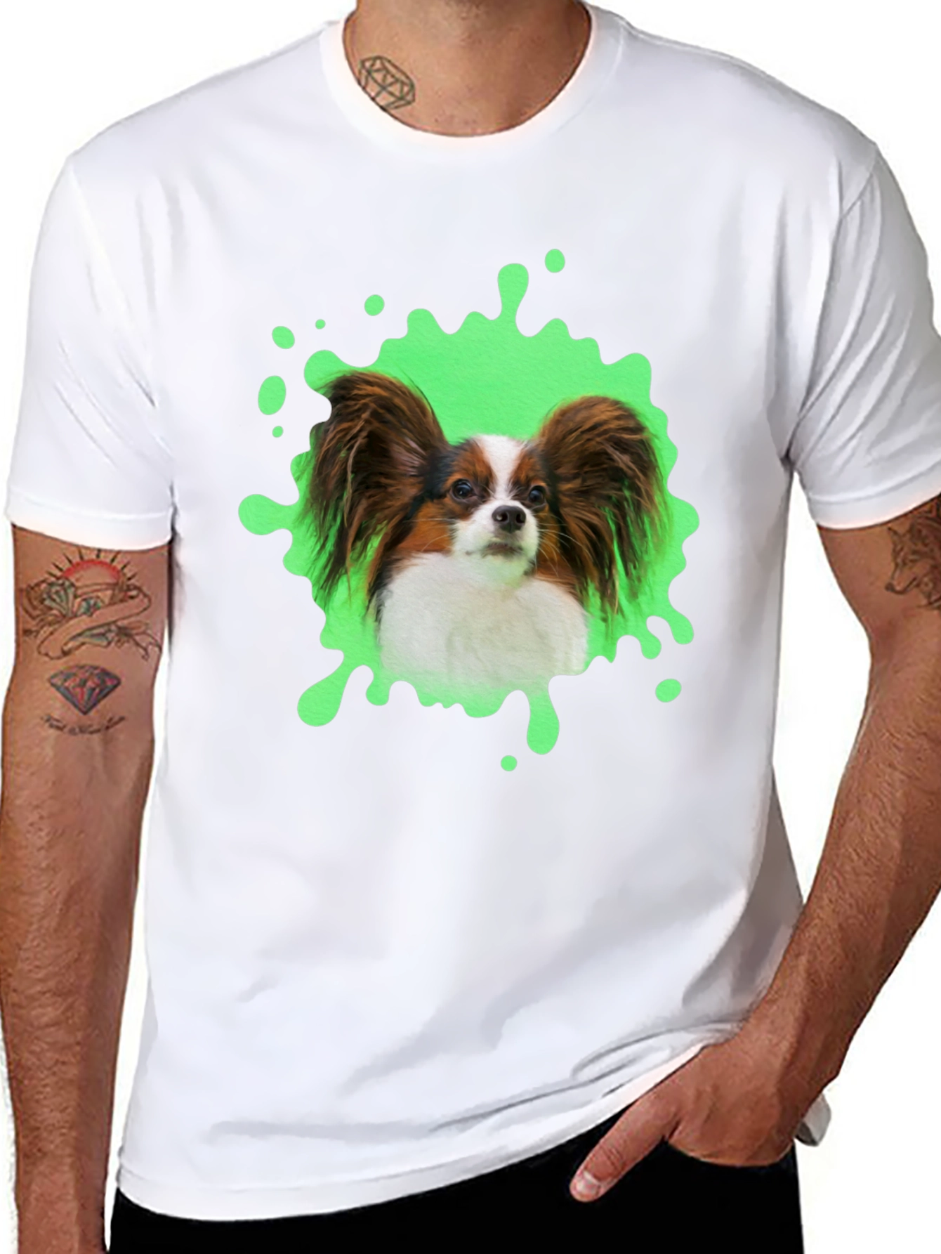 Papillon Dog T-Shirt: Funky Green Splatter Design