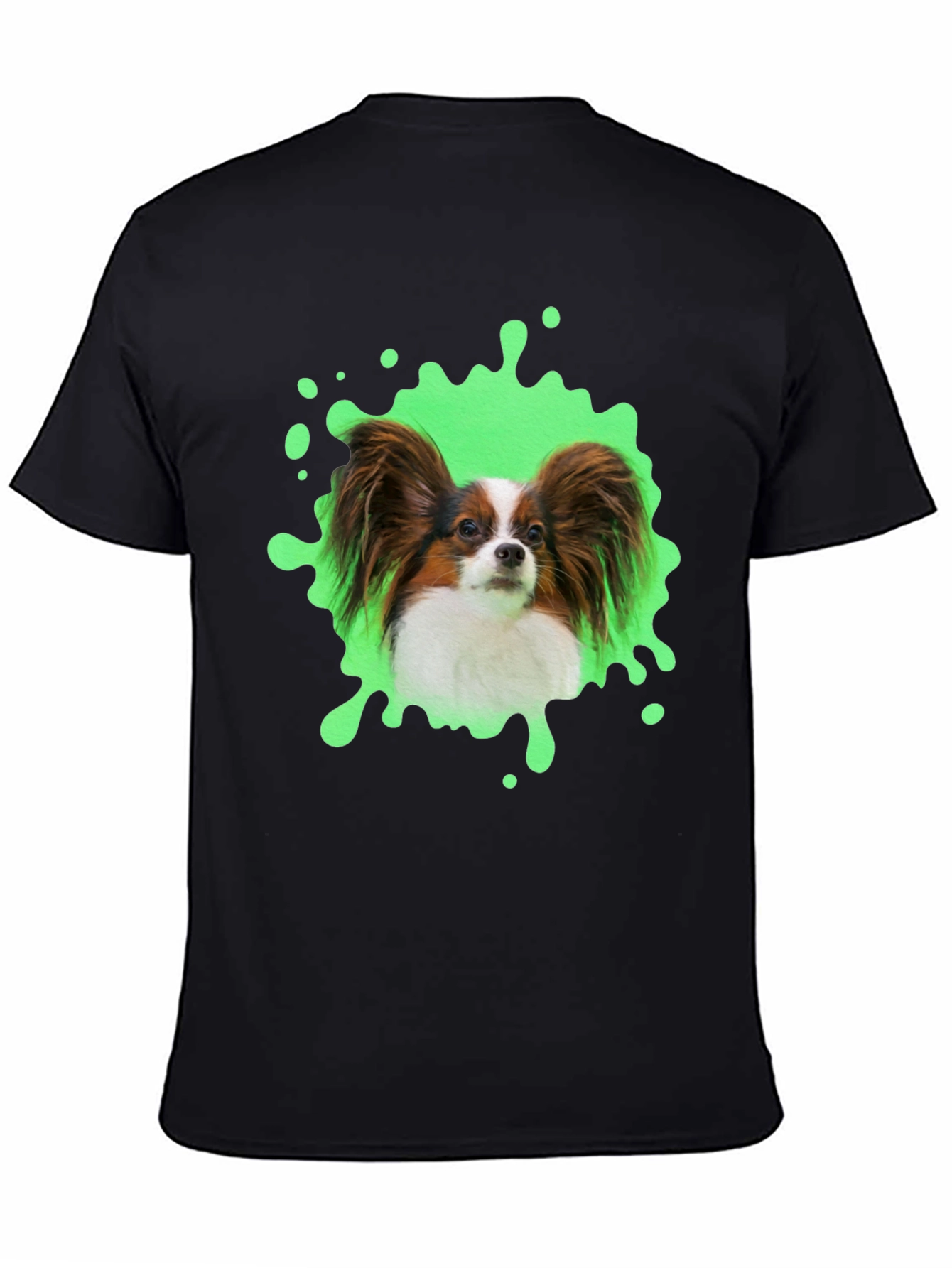 Papillon Dog T-Shirt: Funky Green Splatter Design
