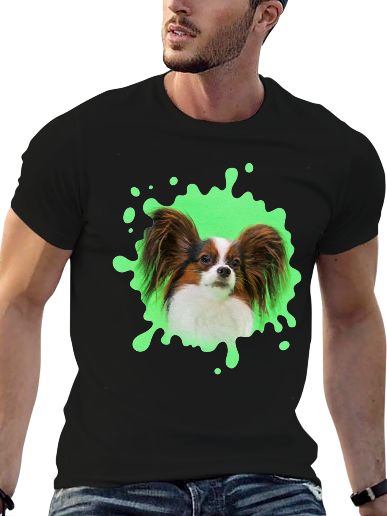 Papillon Dog T-Shirt: Funky Green Splatter Design