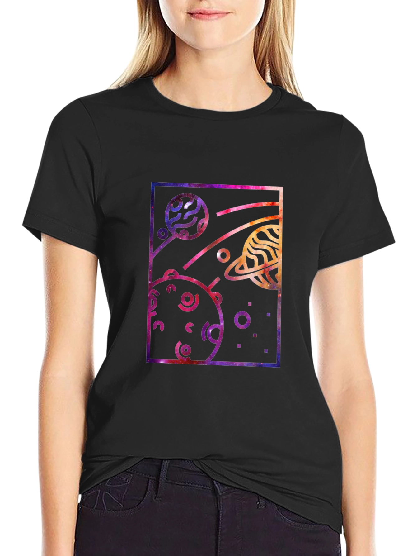 Galaxy Planets Graphic Tee - Stylish Black T-Shirt