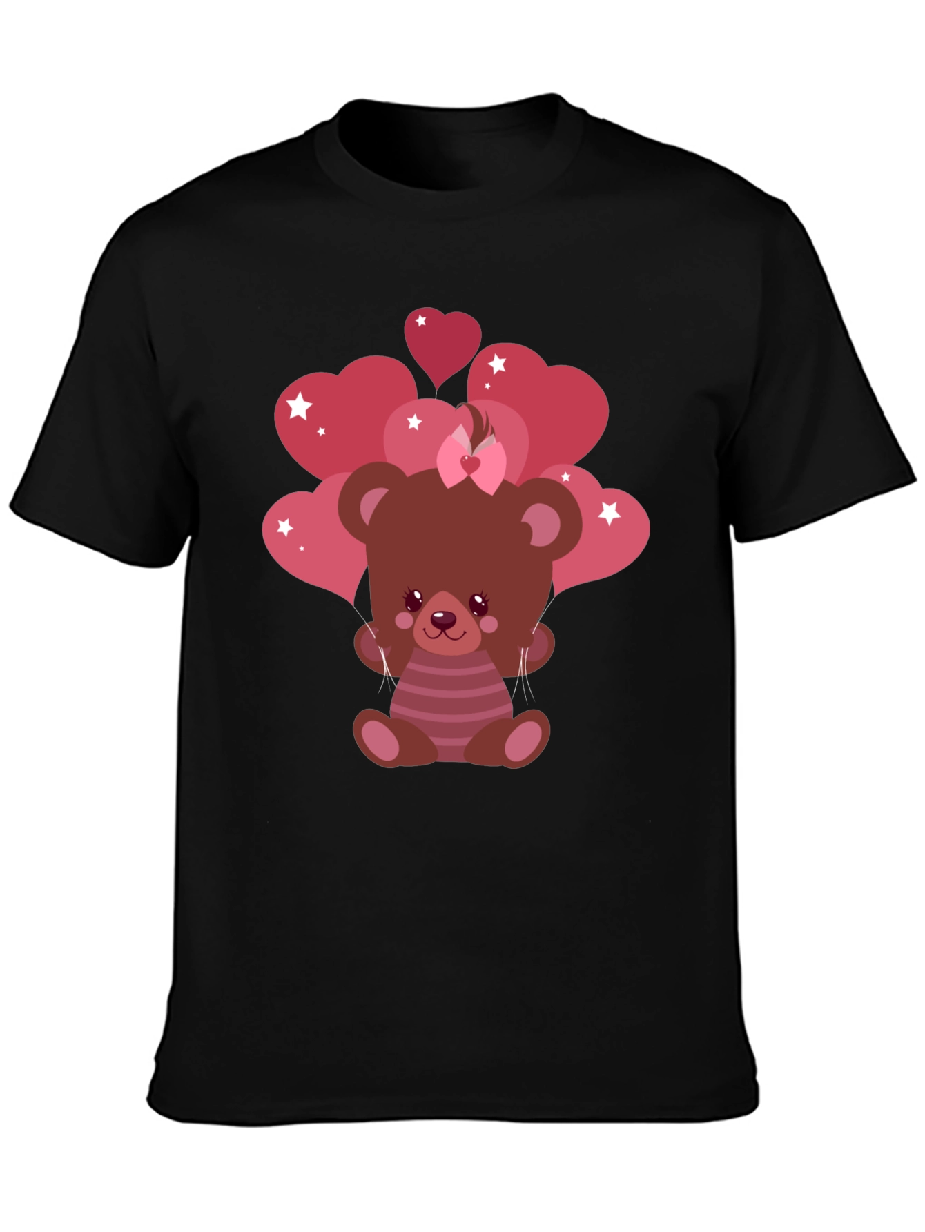 Cute Bear with Heart Balloons Black T-Shirt