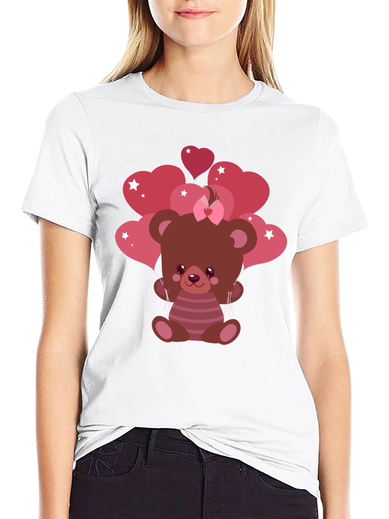 Cute Bear with Heart Balloons Black T-Shirt