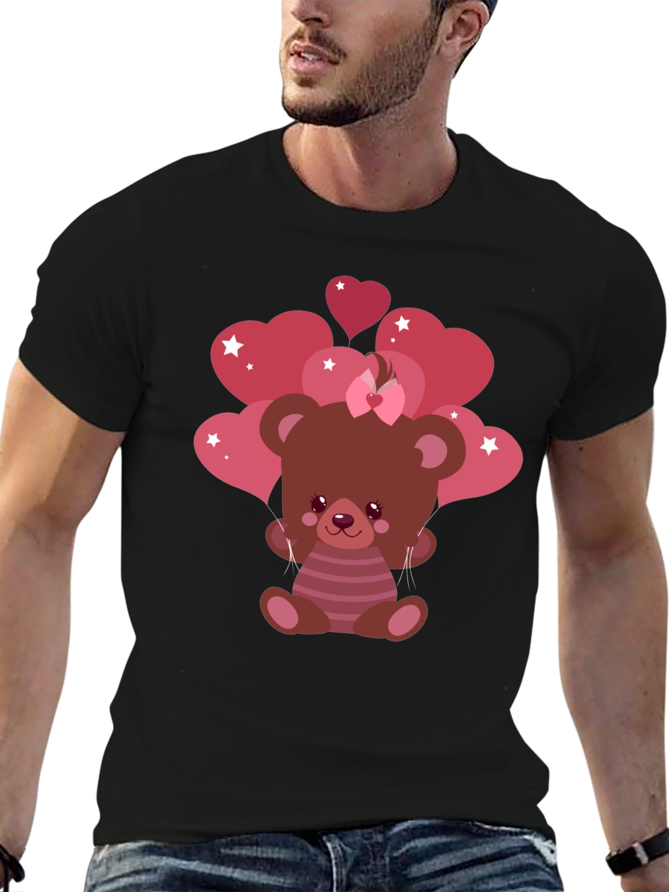 Cute Bear with Heart Balloons Black T-Shirt