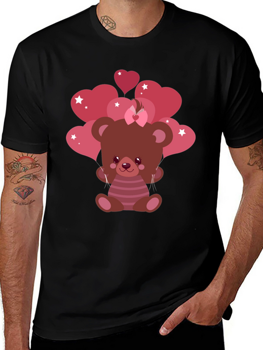 Cute Bear with Heart Balloons Black T-Shirt
