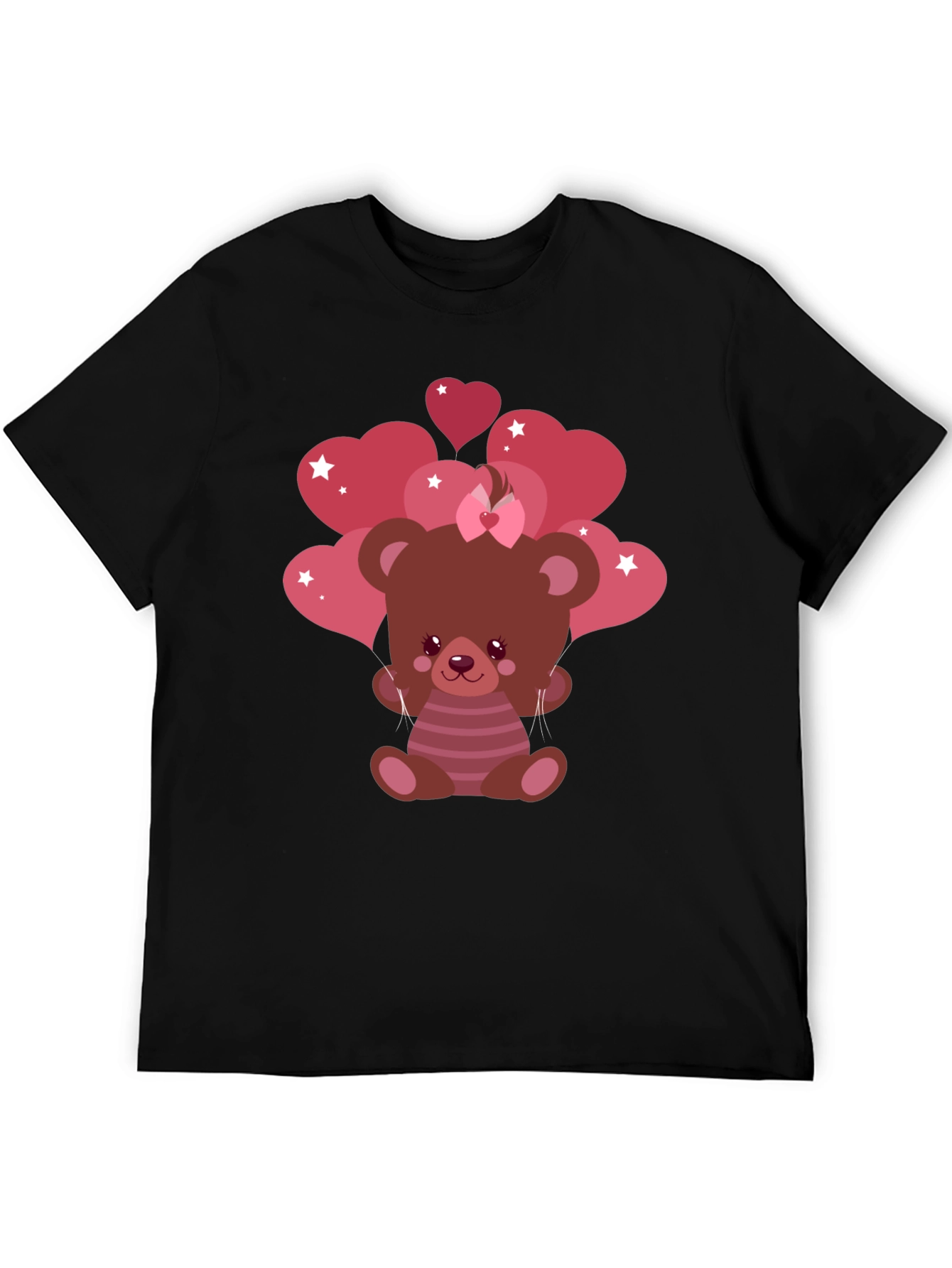 Cute Bear with Heart Balloons Black T-Shirt