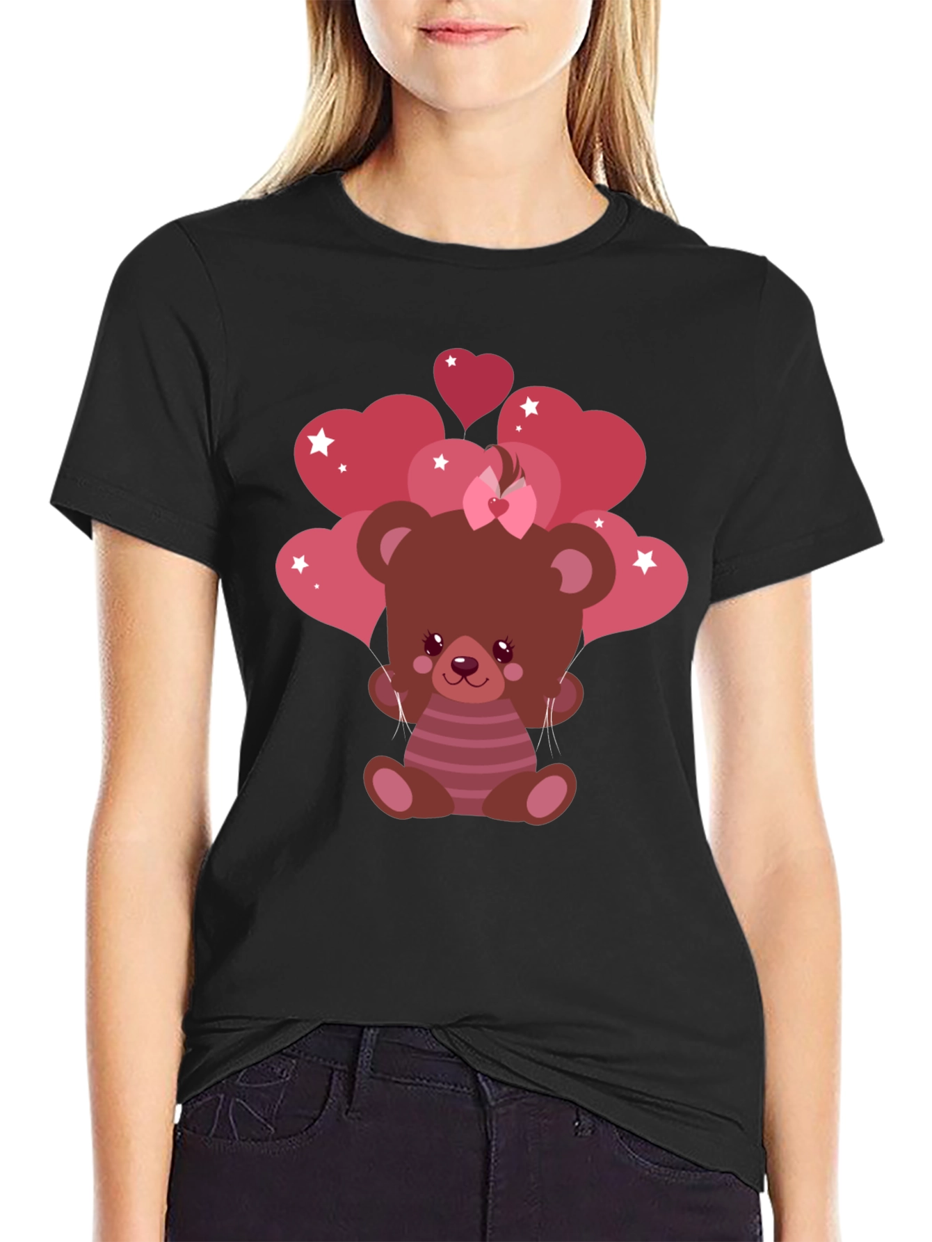Cute Bear with Heart Balloons Black T-Shirt