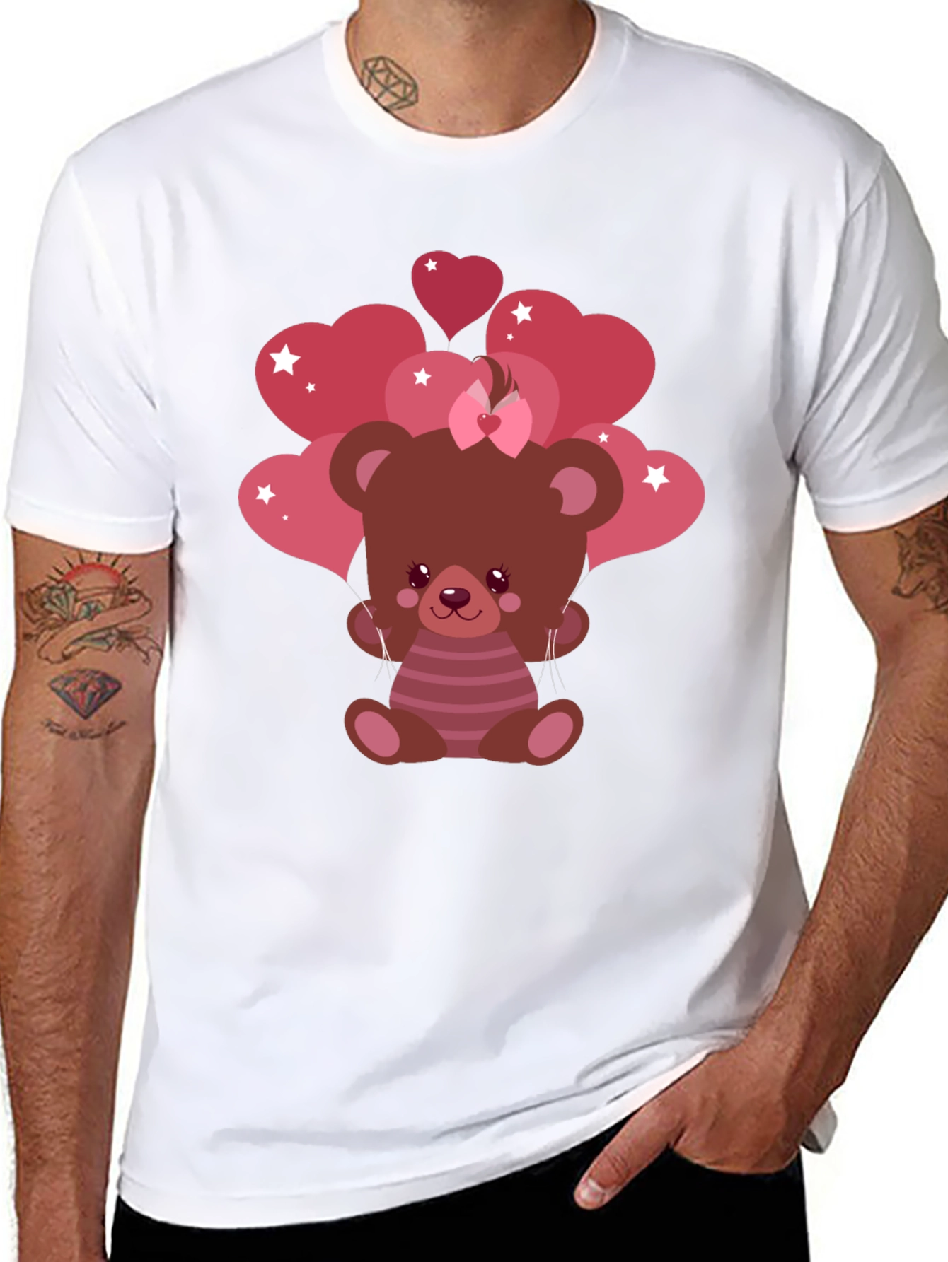 Cute Bear with Heart Balloons Black T-Shirt