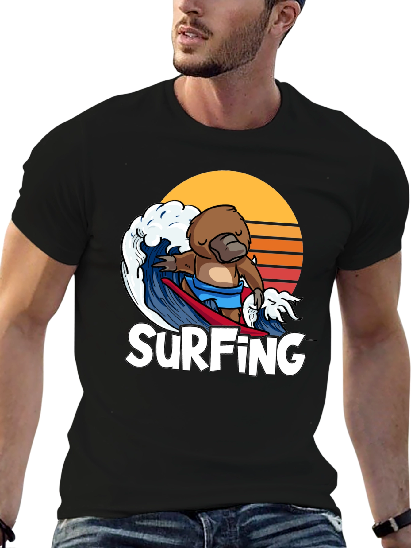 Surfing Platypus T-Shirt - Retro Wave Design
