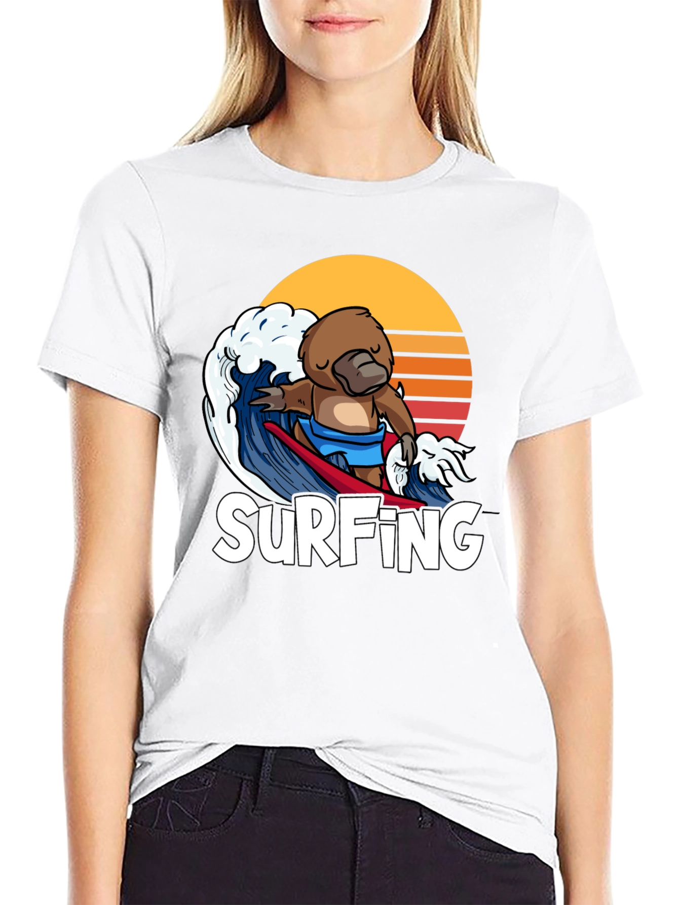 Surfing Platypus T-Shirt - Retro Wave Design