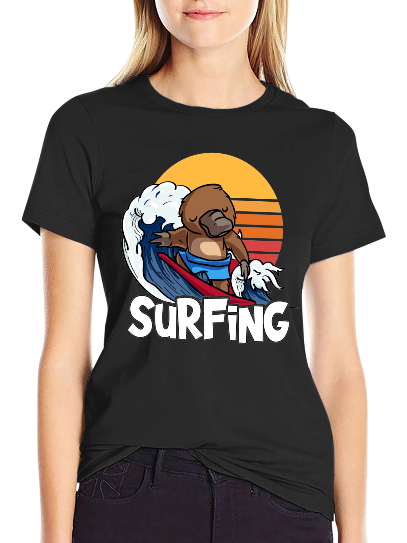 Surfing Platypus T-Shirt - Retro Wave Design