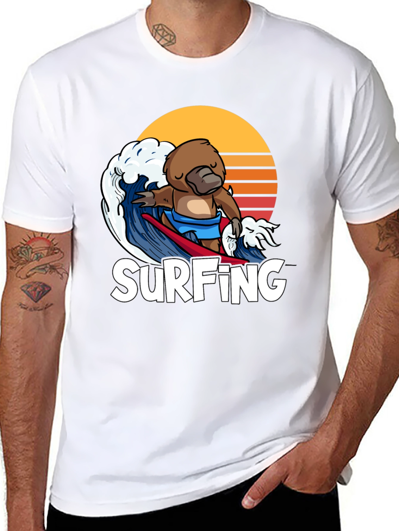 Surfing Platypus T-Shirt - Retro Wave Design