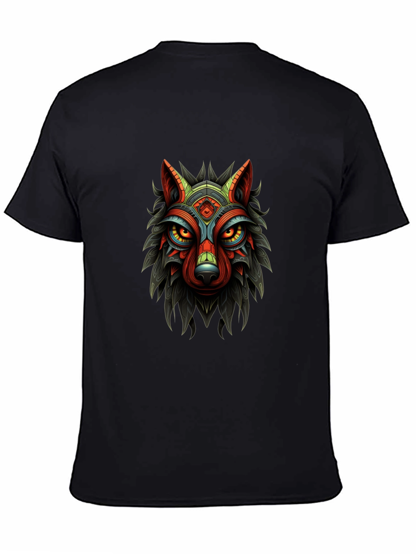 Tribal Wolf Graphic Print Black T-Shirt