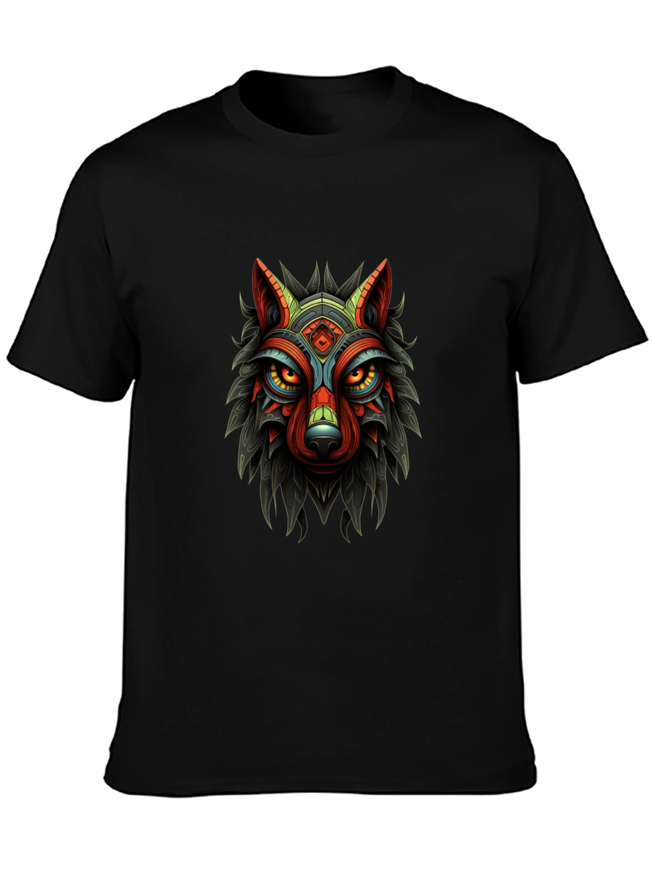 Tribal Wolf Graphic Print Black T-Shirt