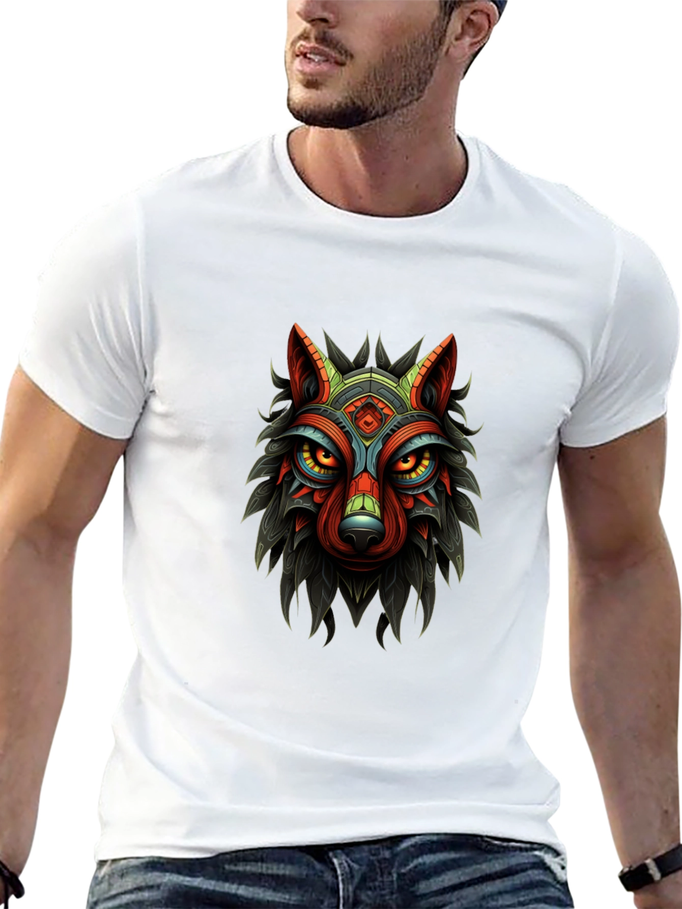 Tribal Wolf Graphic Print Black T-Shirt