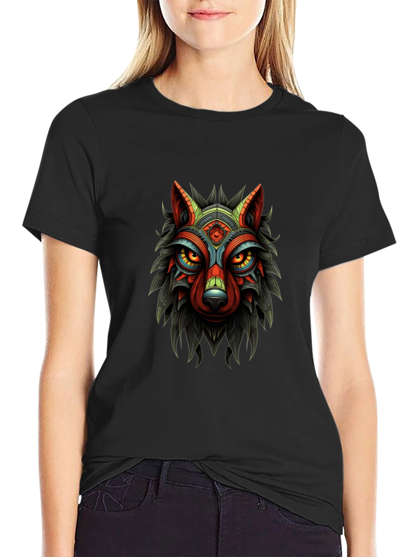Tribal Wolf Graphic Print Black T-Shirt