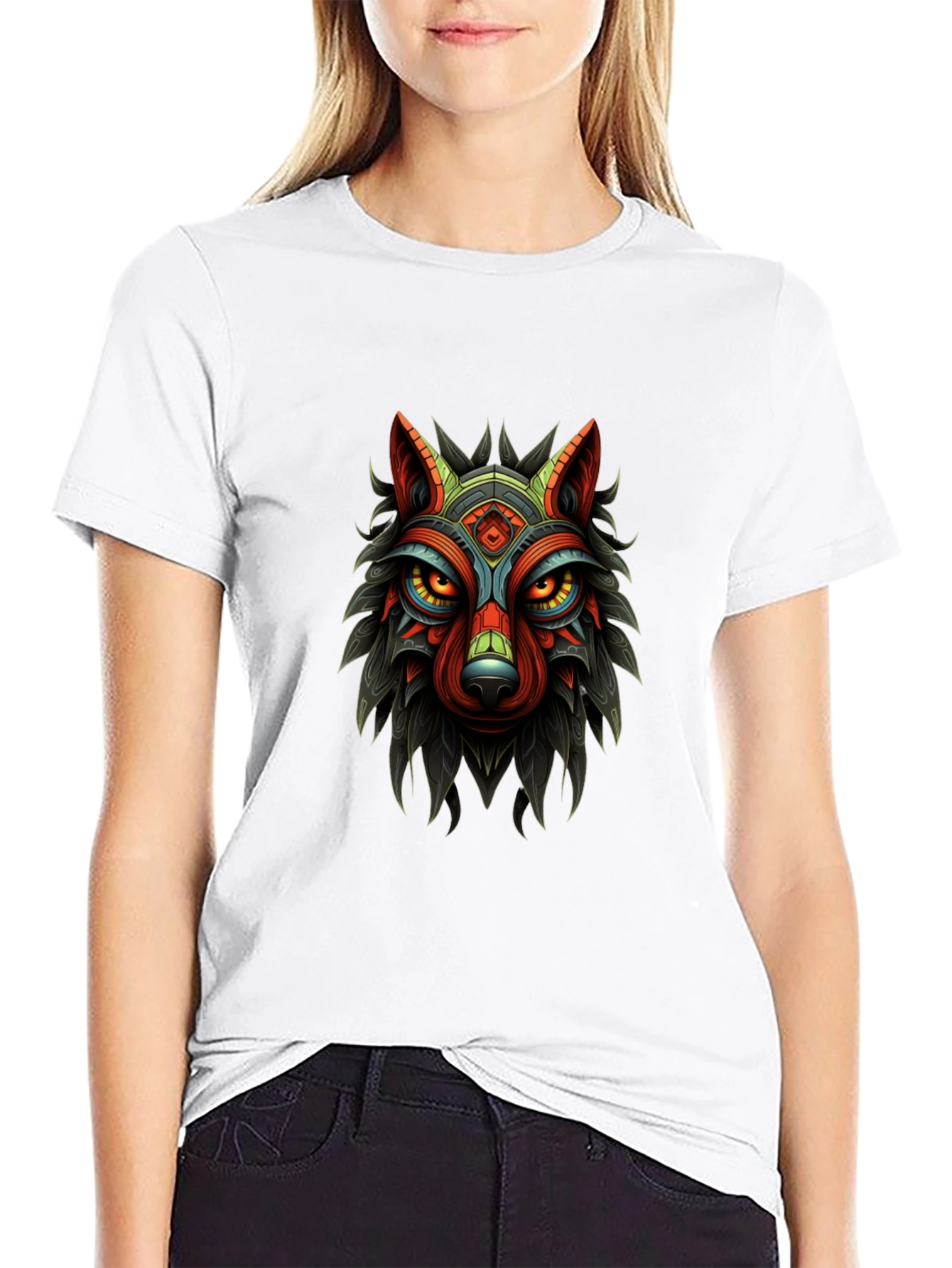 Tribal Wolf Graphic Print Black T-Shirt