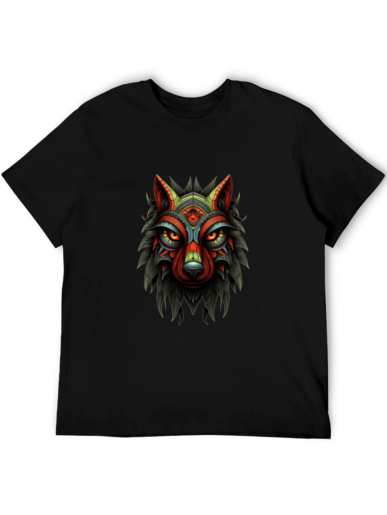 Tribal Wolf Graphic Print Black T-Shirt