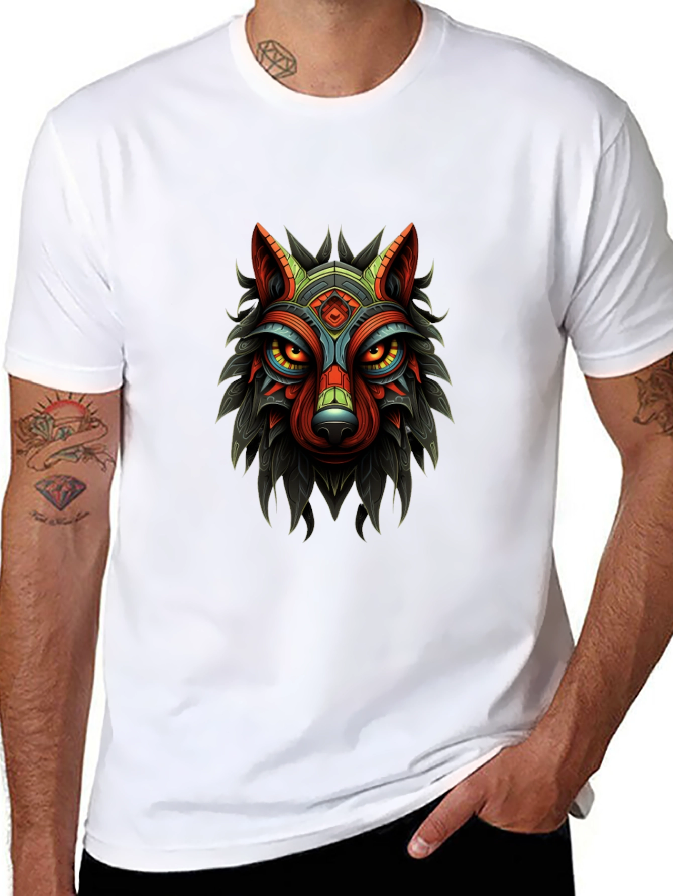 Tribal Wolf Graphic Print Black T-Shirt