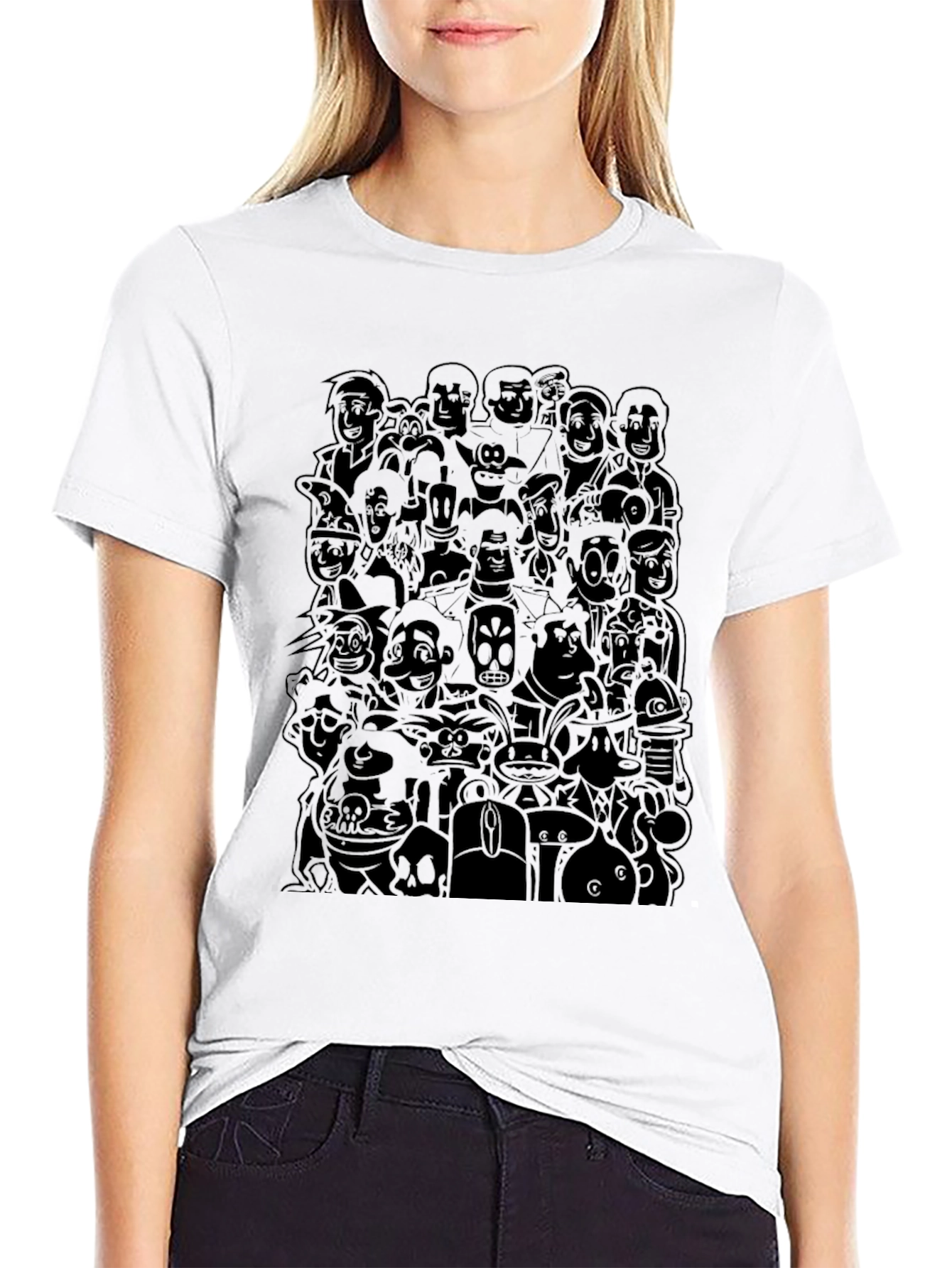 Retro Cartoon Character Print Black T-Shirt