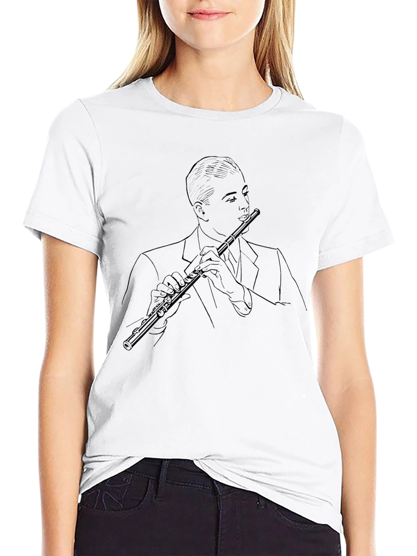 Jazz Flute Player Graphic Tee - Stylish Black T-Shirt