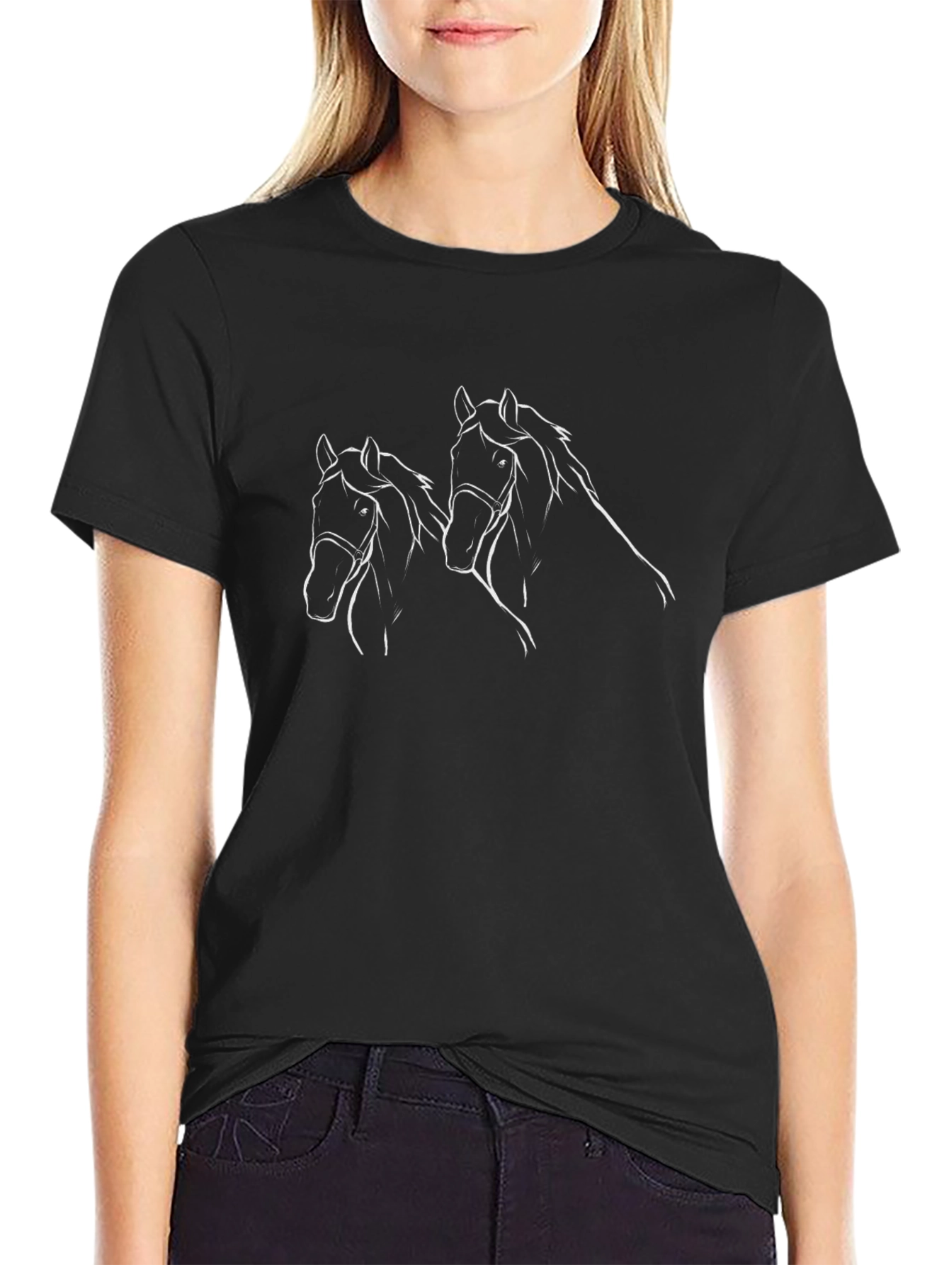Horse Sketch Graphic Tee - Black Cotton T-Shirt
