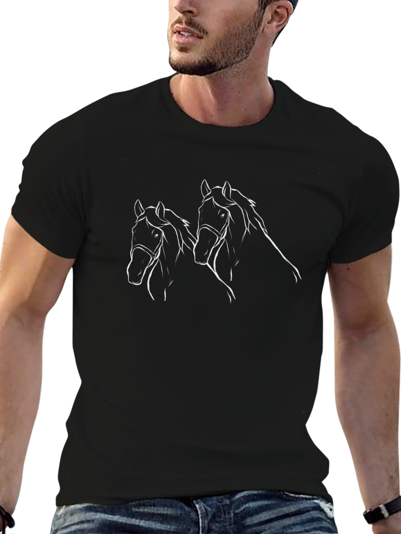 Horse Sketch Graphic Tee - Black Cotton T-Shirt