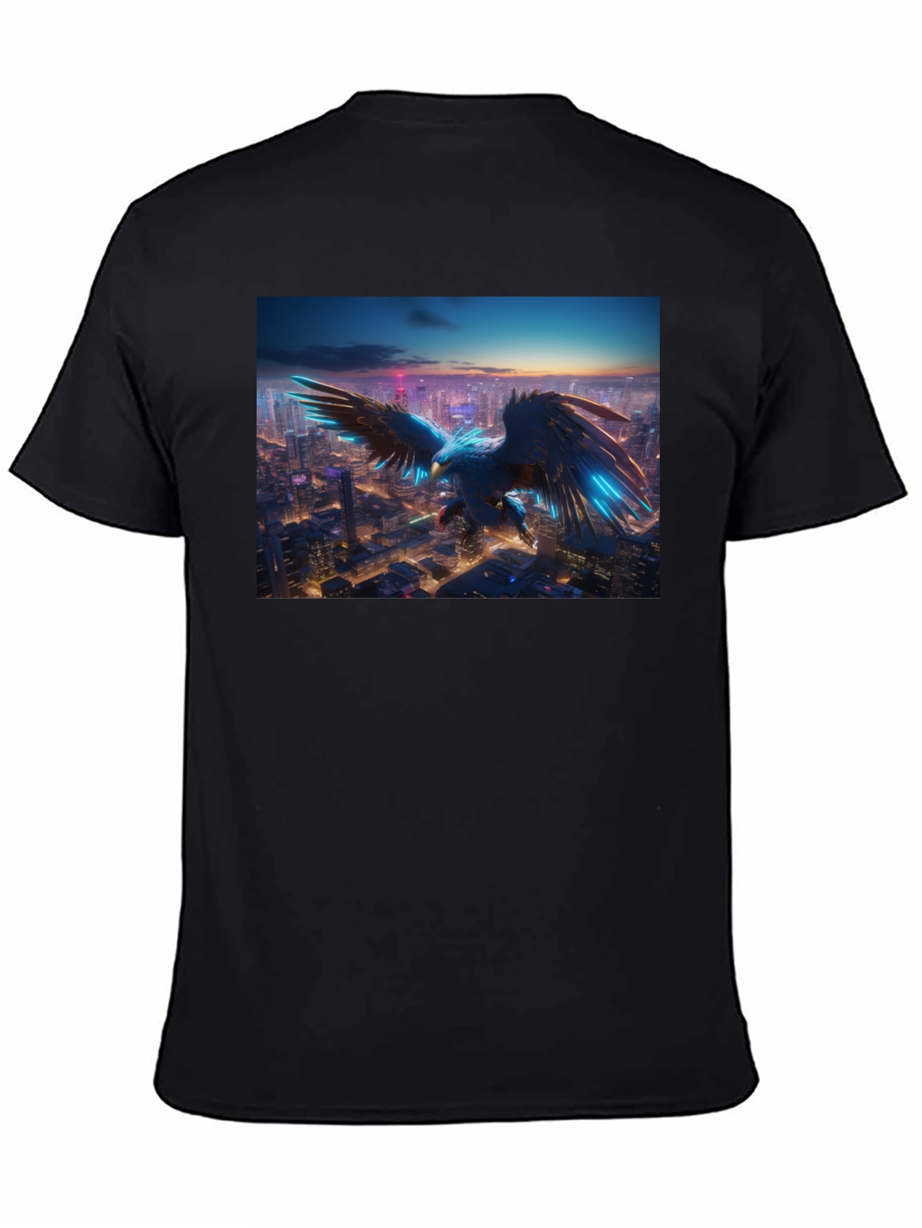 Cyber Eagle Cityscape Black T-Shirt