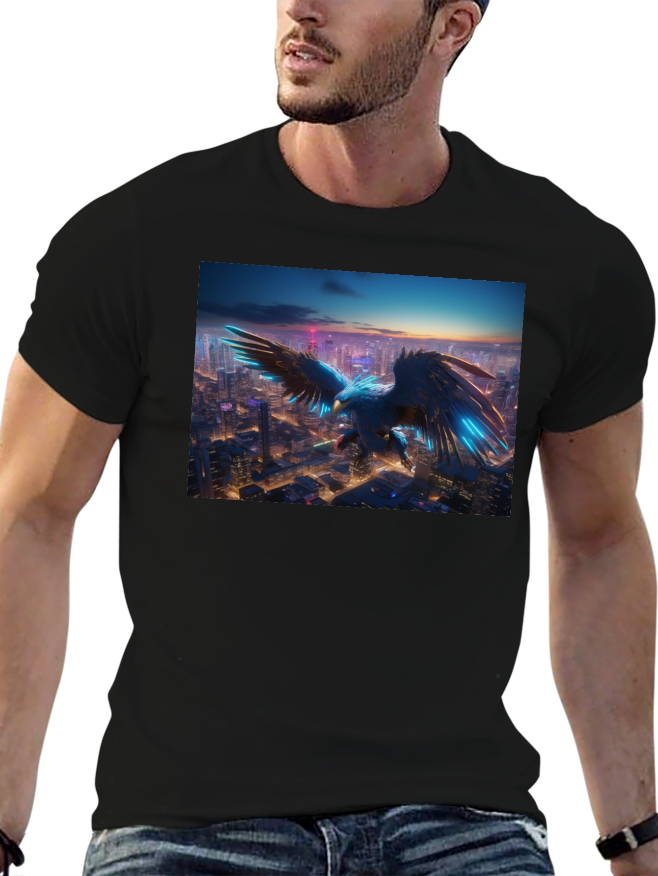 Cyber Eagle Cityscape Black T-Shirt