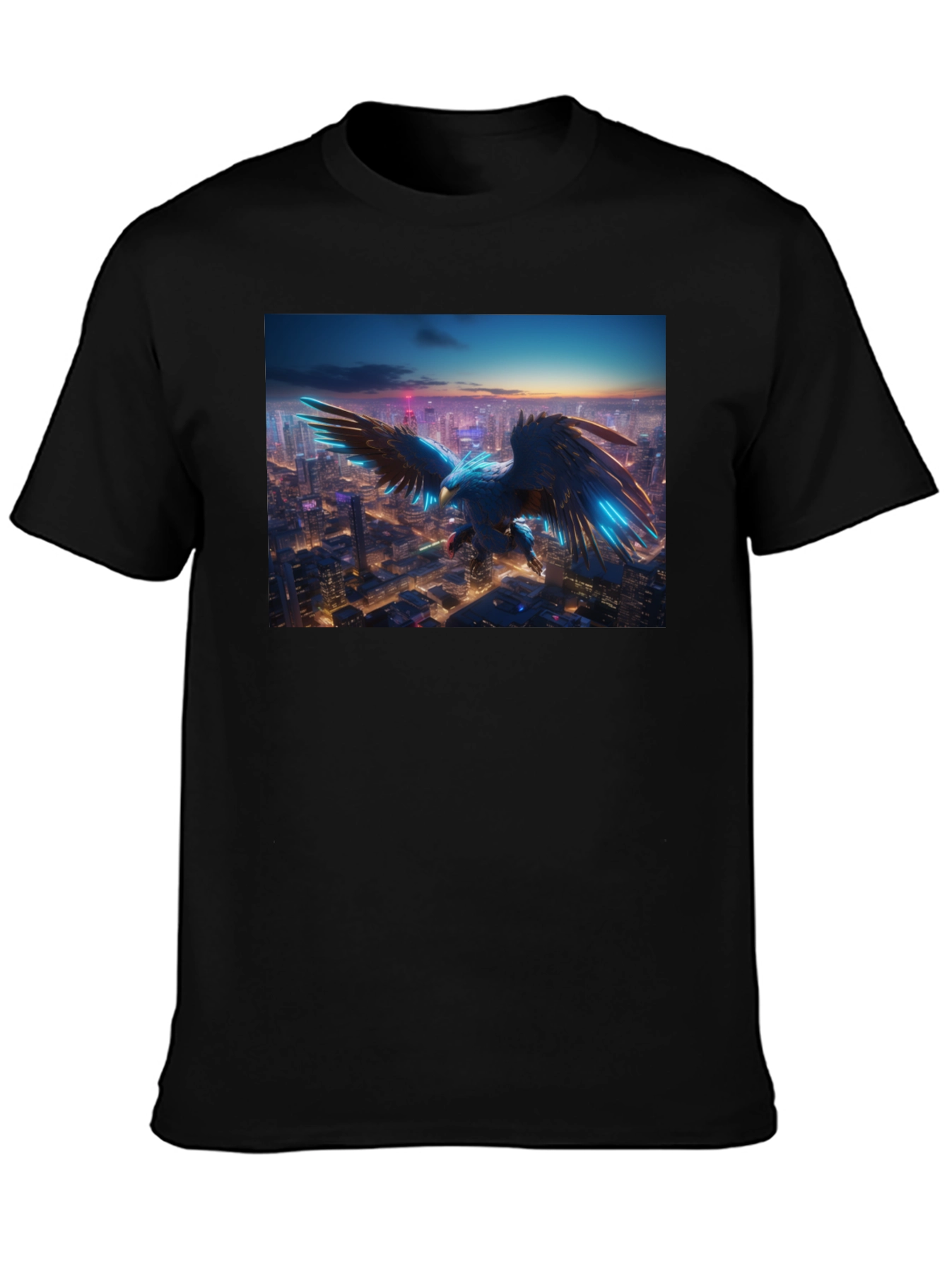 Cyber Eagle Cityscape Black T-Shirt
