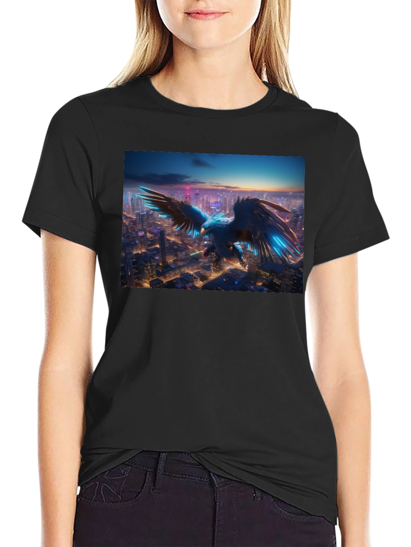 Cyber Eagle Cityscape Black T-Shirt