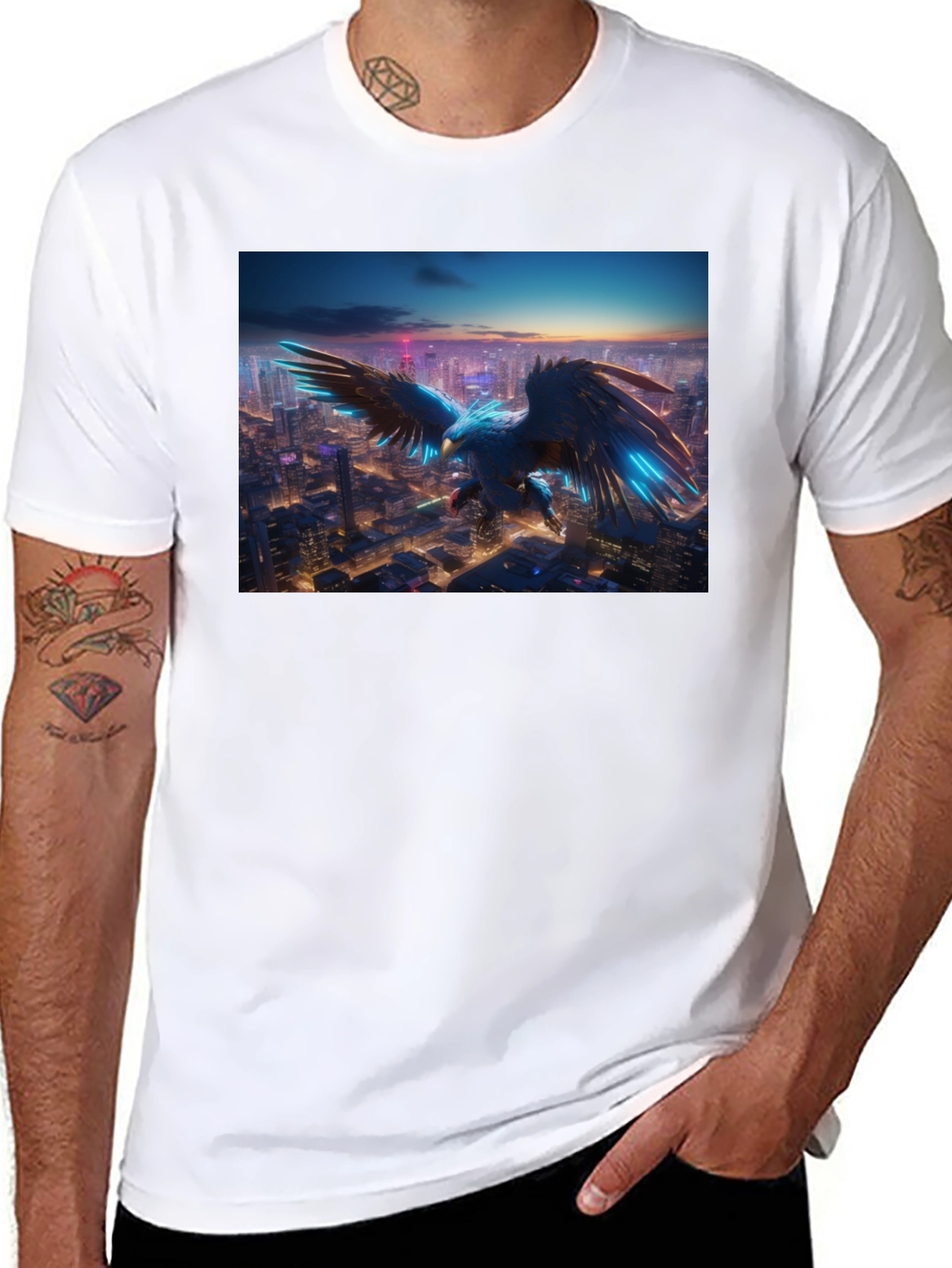 Cyber Eagle Cityscape Black T-Shirt