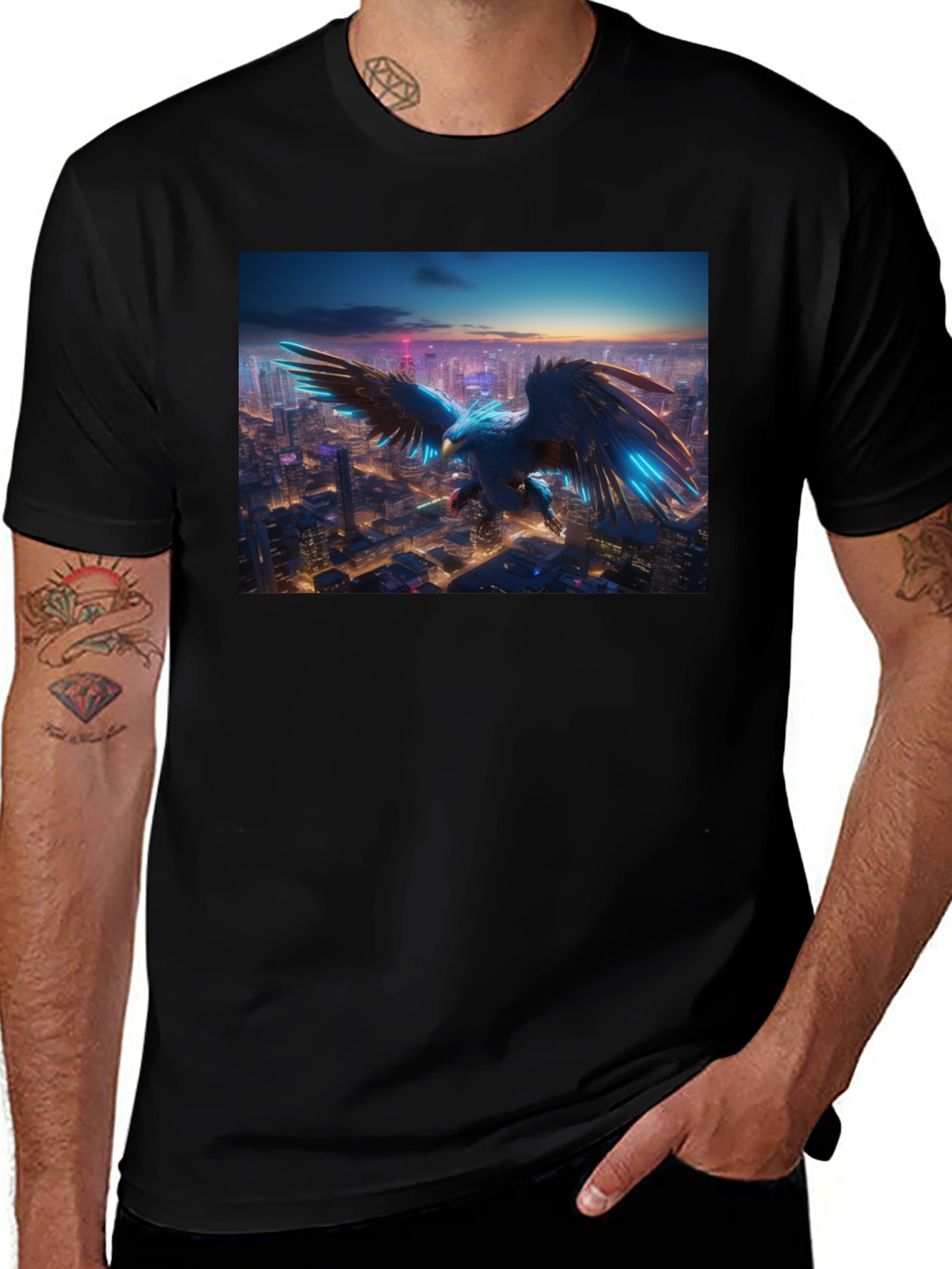 Cyber Eagle Cityscape Black T-Shirt