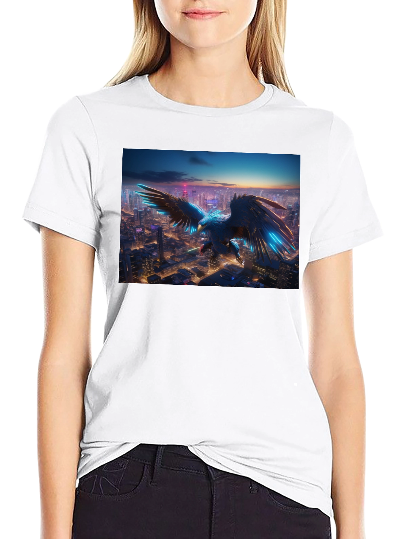 Cyber Eagle Cityscape Black T-Shirt
