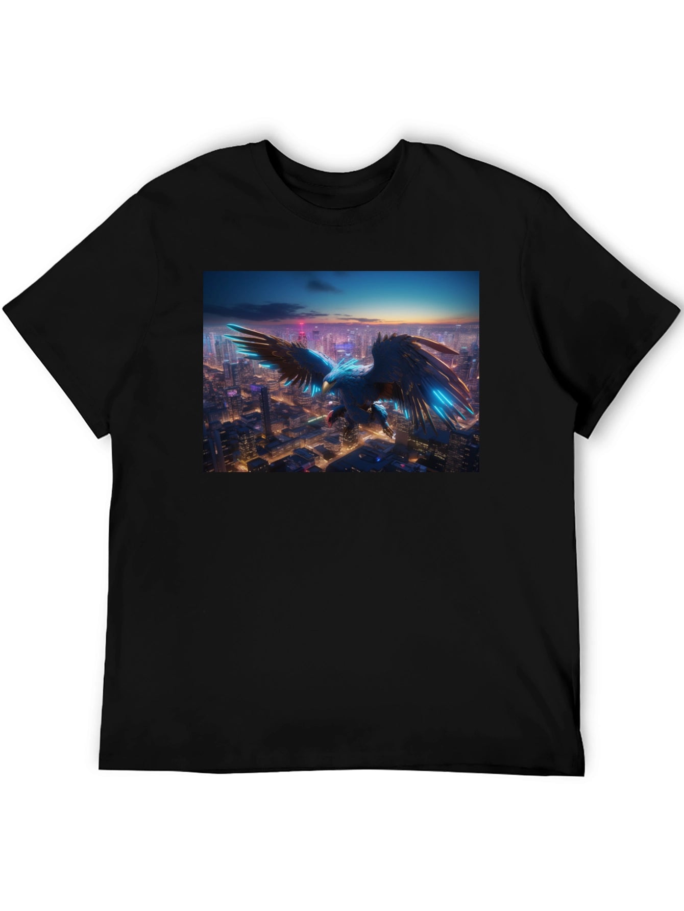 Cyber Eagle Cityscape Black T-Shirt