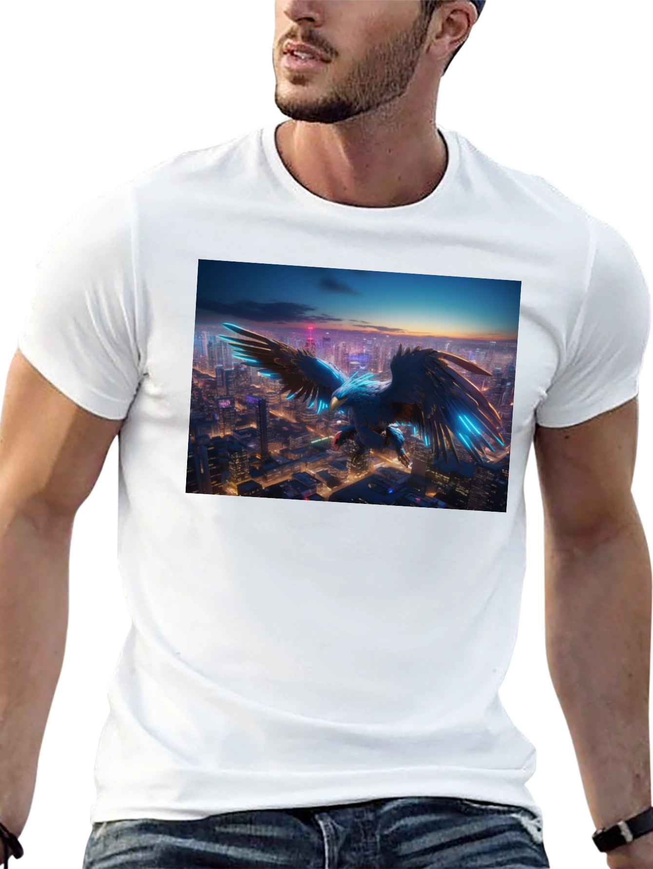Cyber Eagle Cityscape Black T-Shirt