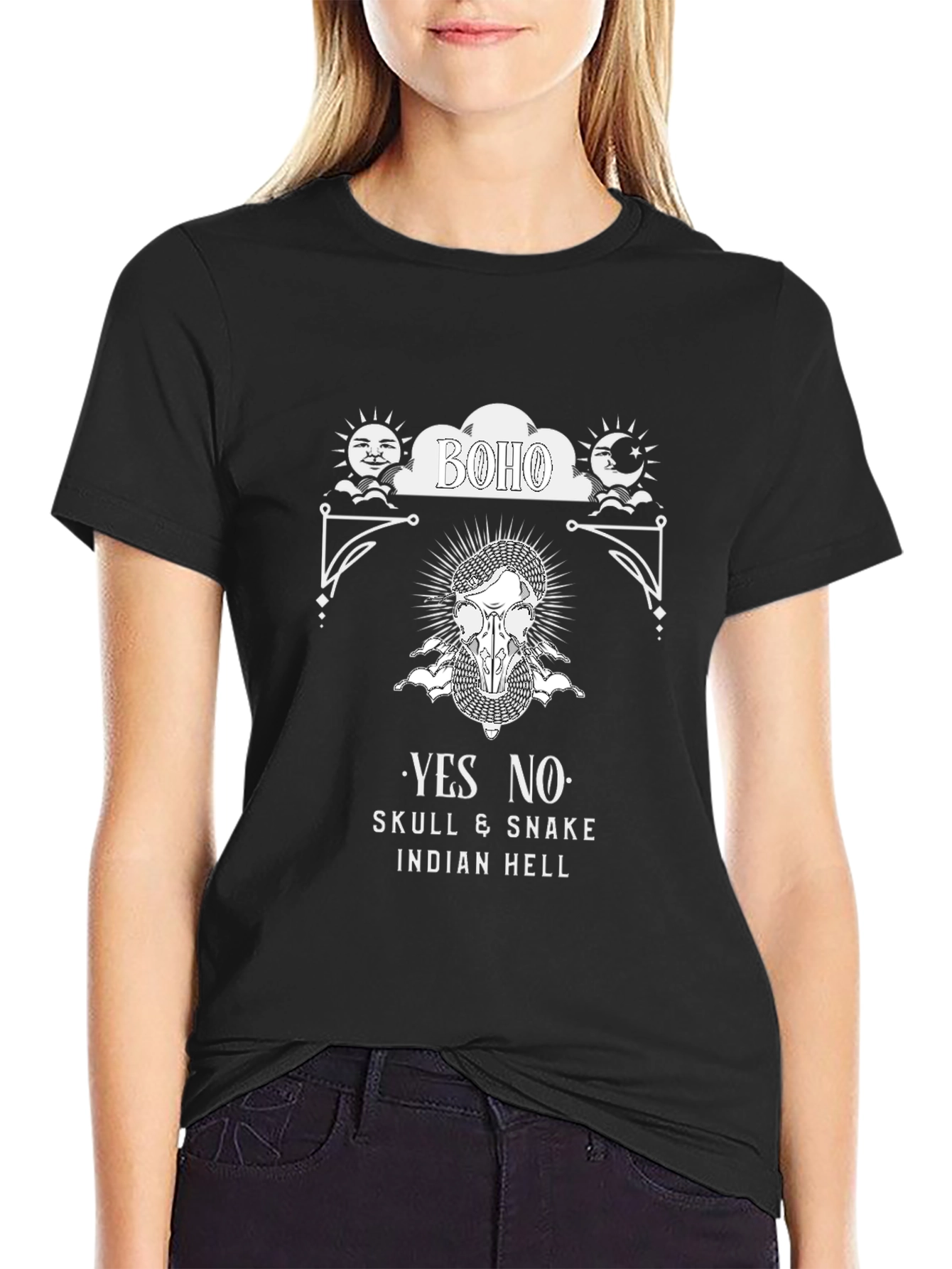 Boho Skull & Snake Graphic Tee - Black