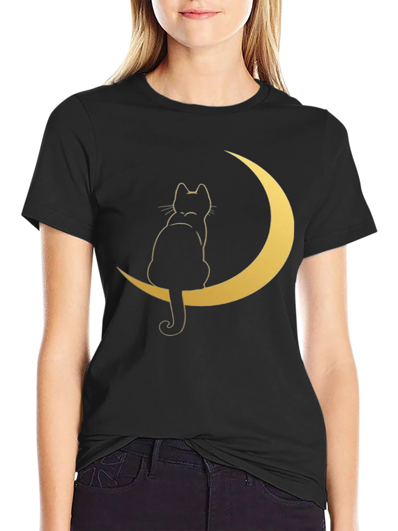 Cat on Moon Graphic Tee - Stylish Black T-Shirt