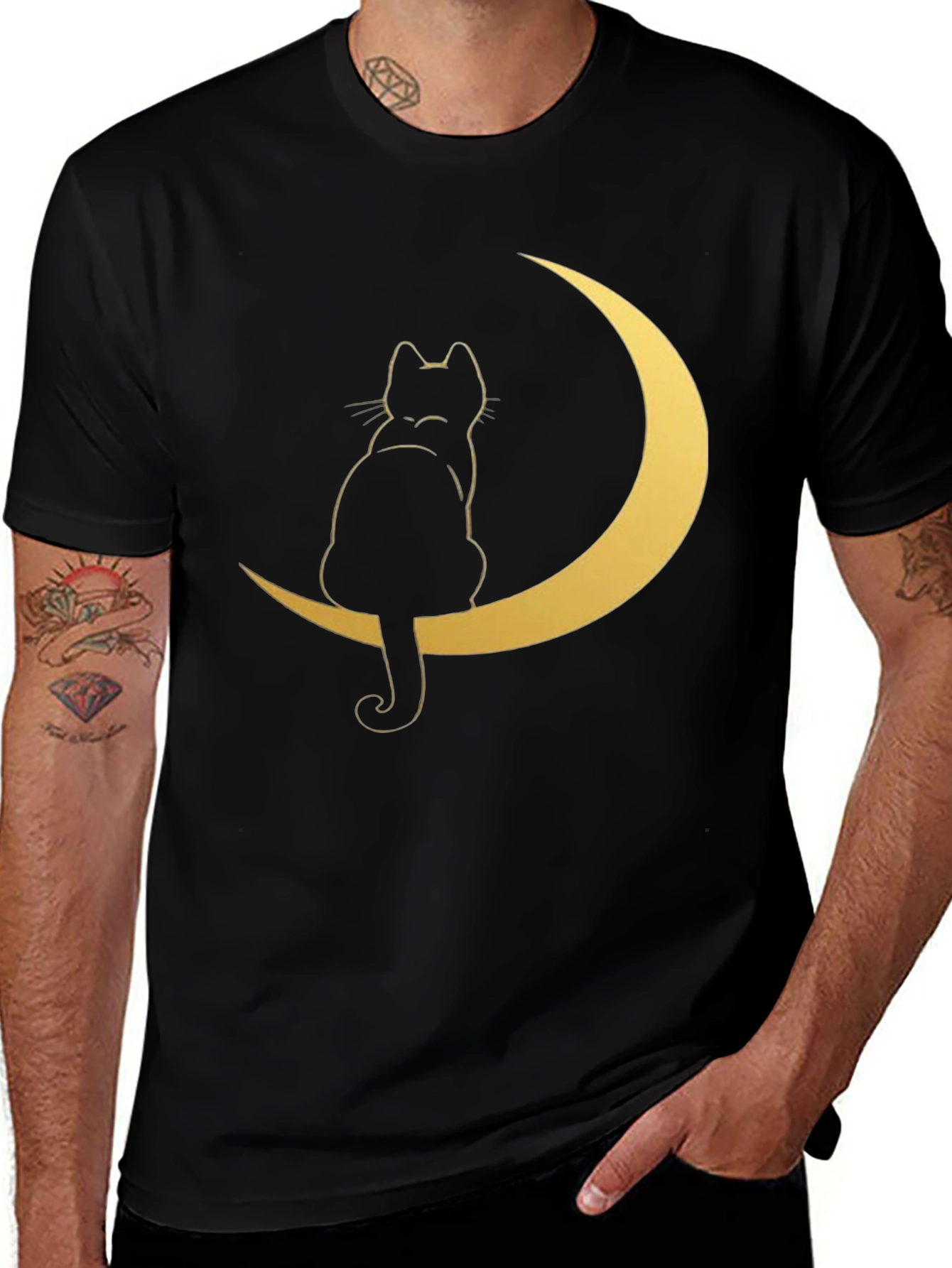 Cat on Moon Graphic Tee - Stylish Black T-Shirt