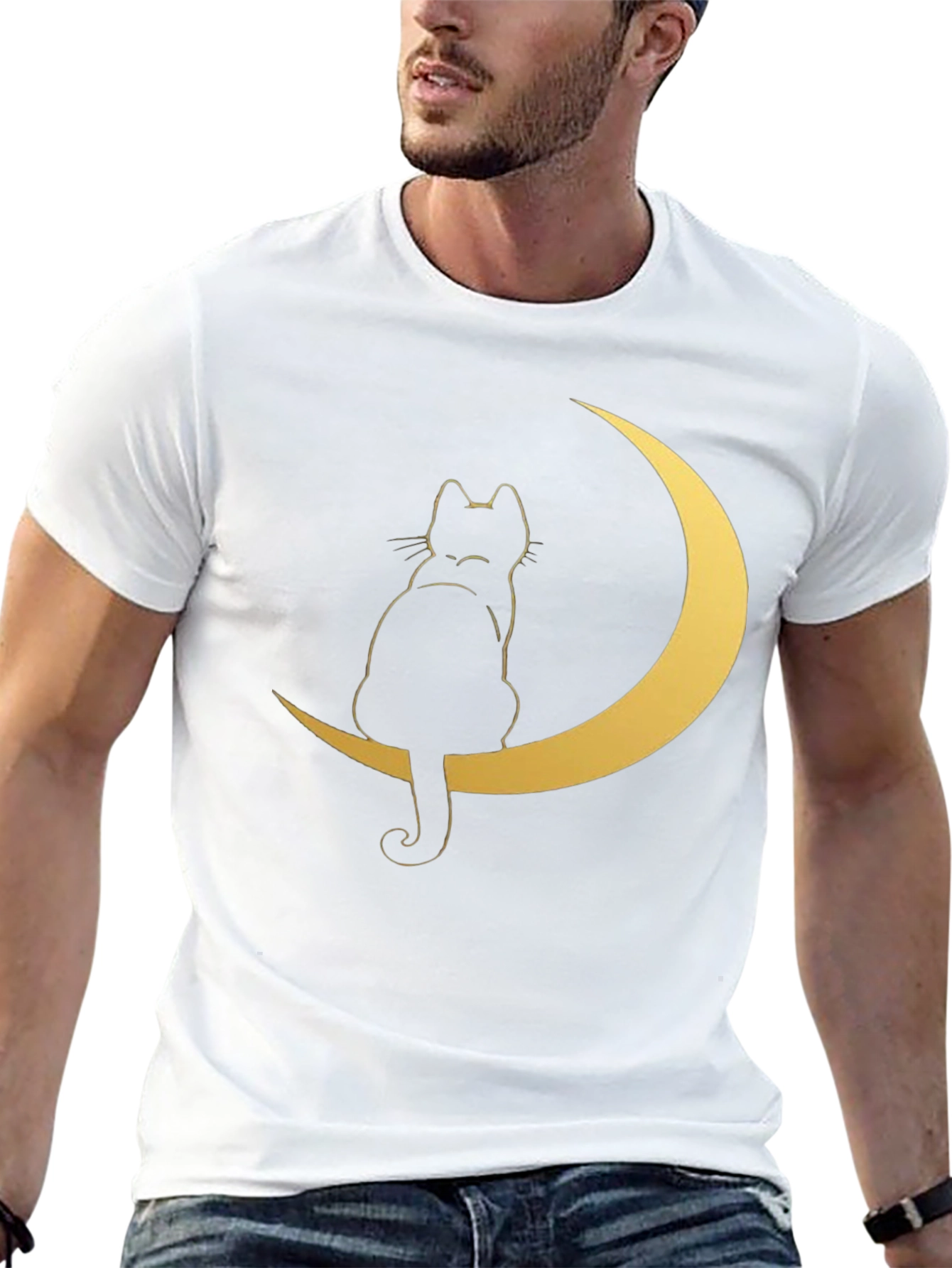 Cat on Moon Graphic Tee - Stylish Black T-Shirt