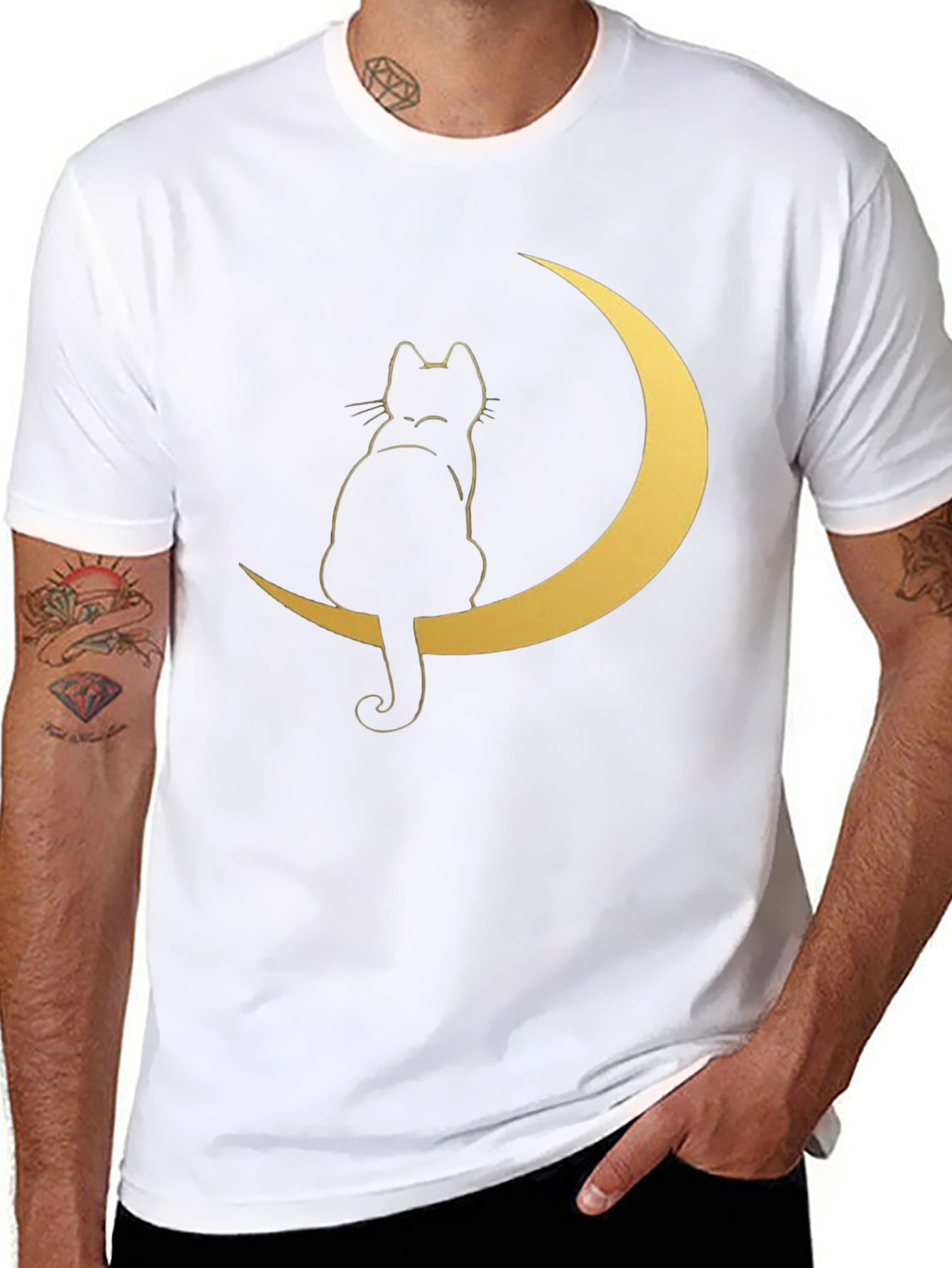 Cat on Moon Graphic Tee - Stylish Black T-Shirt