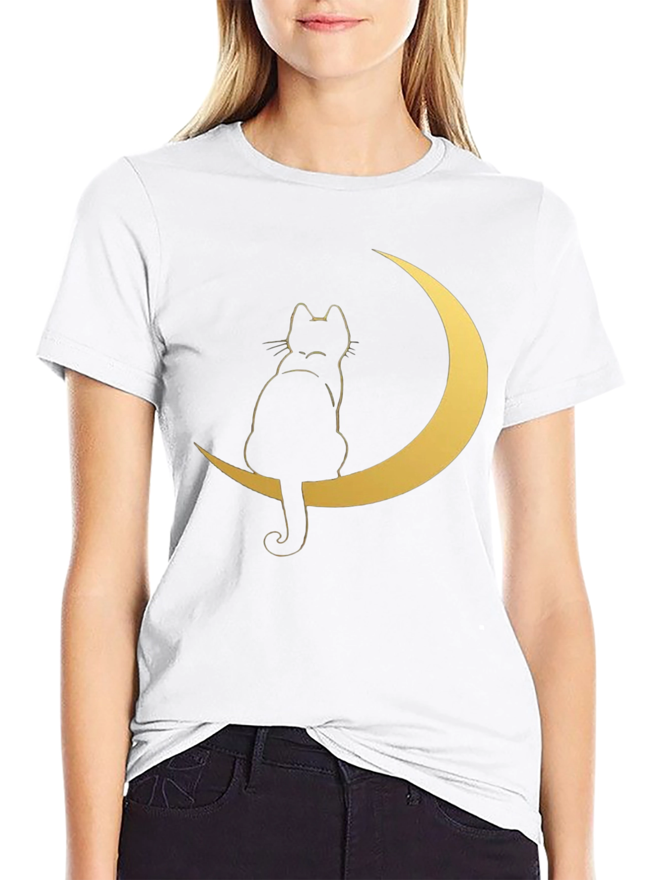 Cat on Moon Graphic Tee - Stylish Black T-Shirt