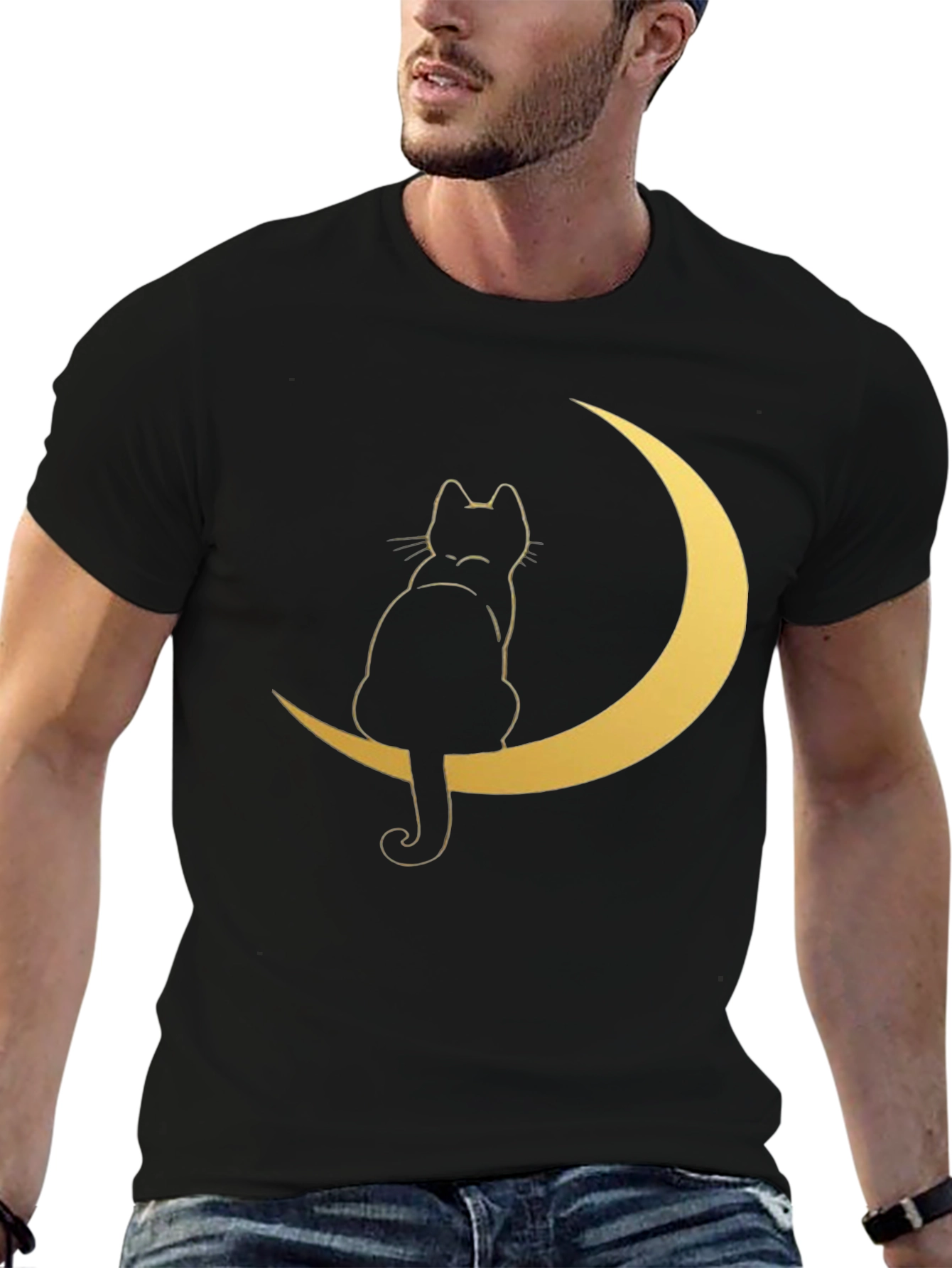 Cat on Moon Graphic Tee - Stylish Black T-Shirt