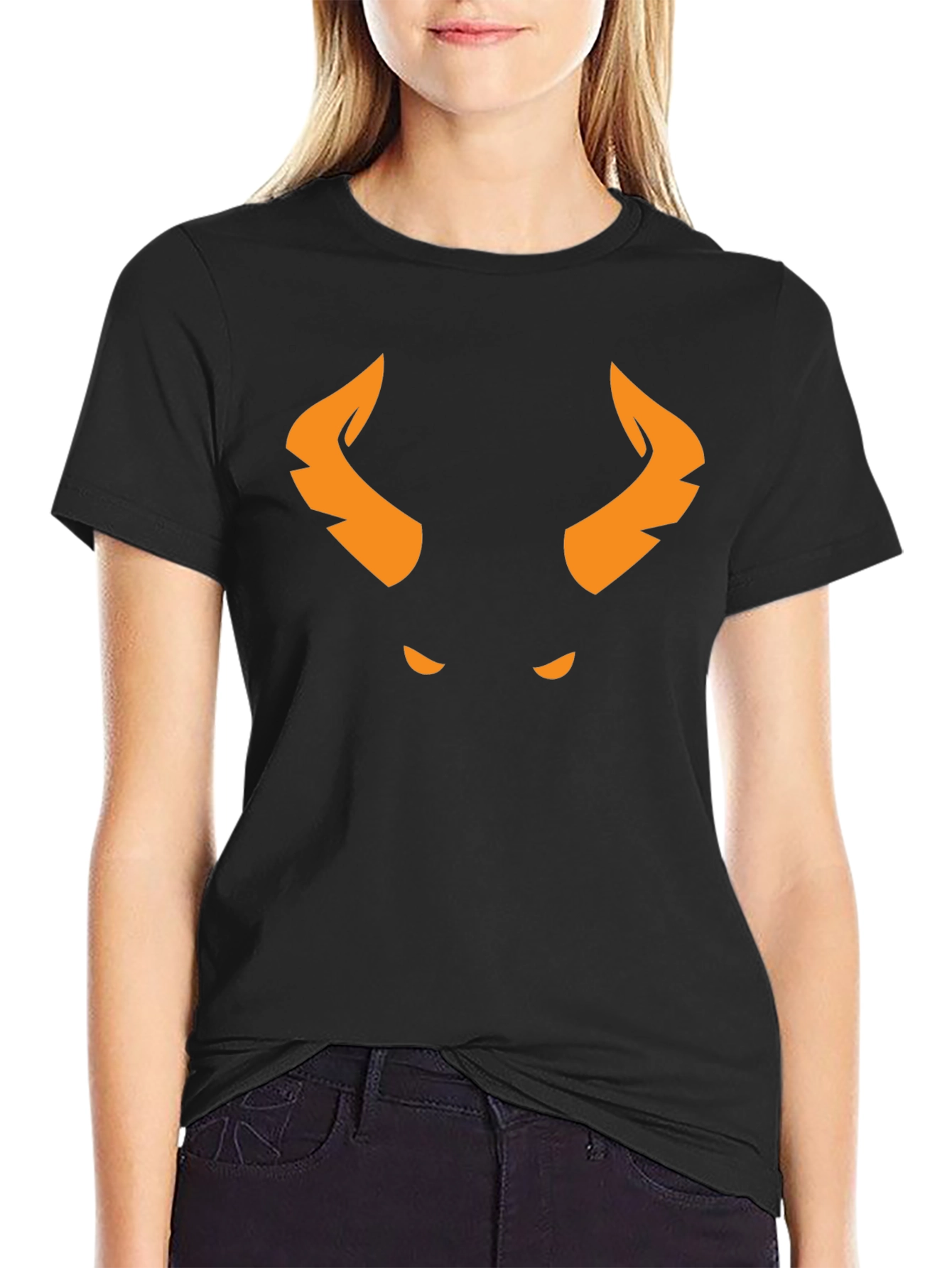 Orange Horned Demon Graphic Black T-Shirt