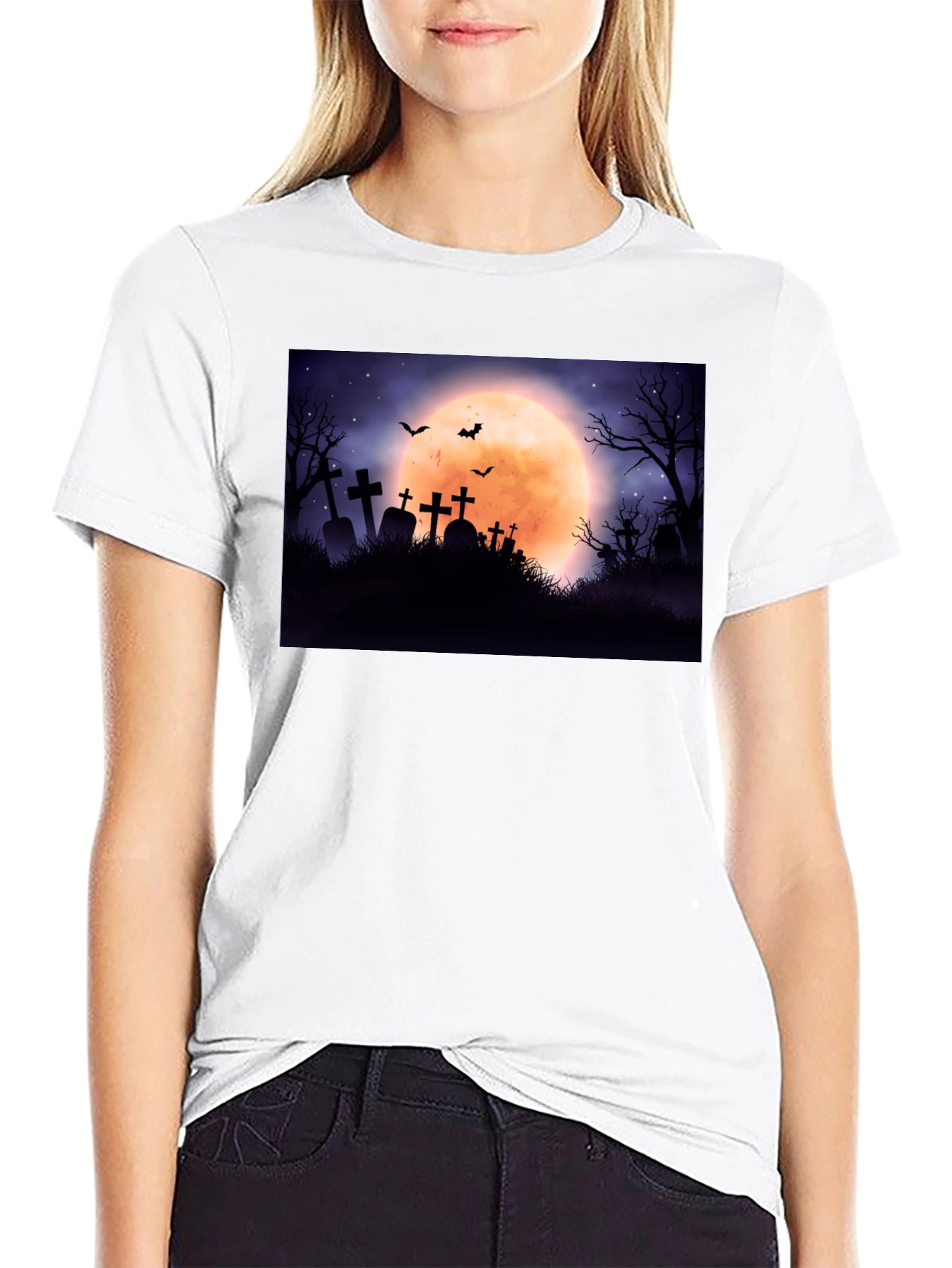 Spooky Cemetery Moon Halloween Graphic Tee