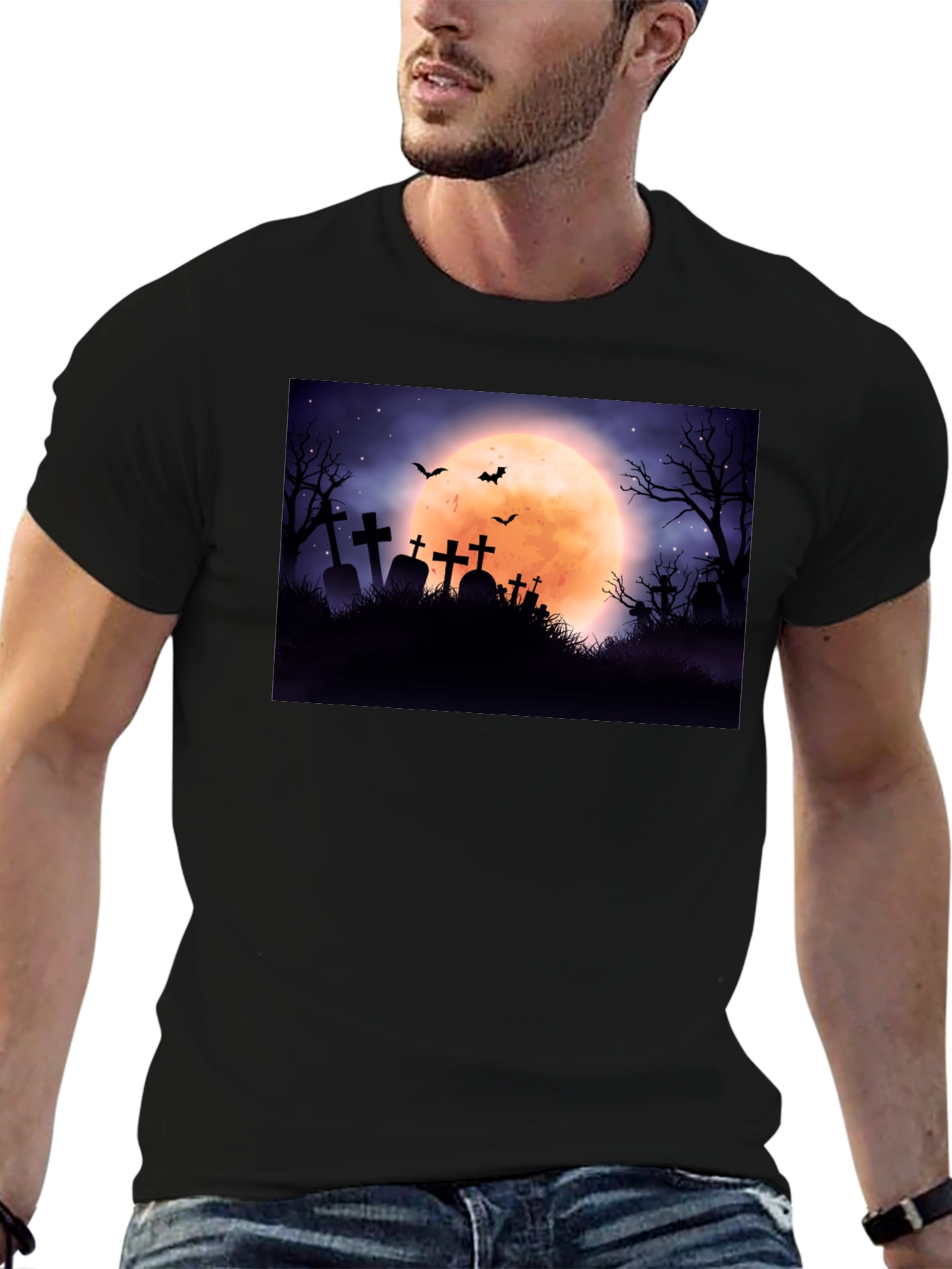 Spooky Cemetery Moon Halloween Graphic Tee