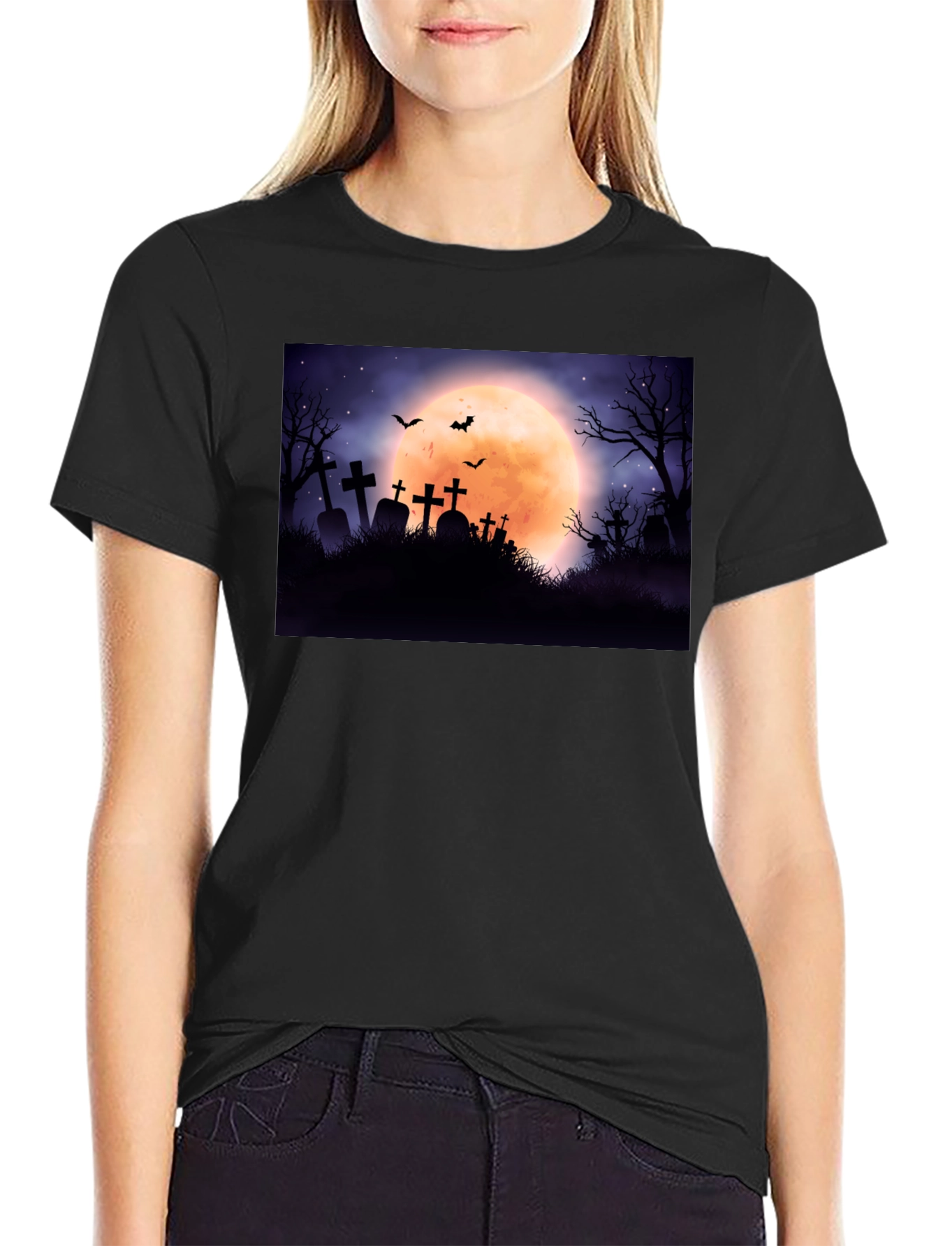 Spooky Cemetery Moon Halloween Graphic Tee