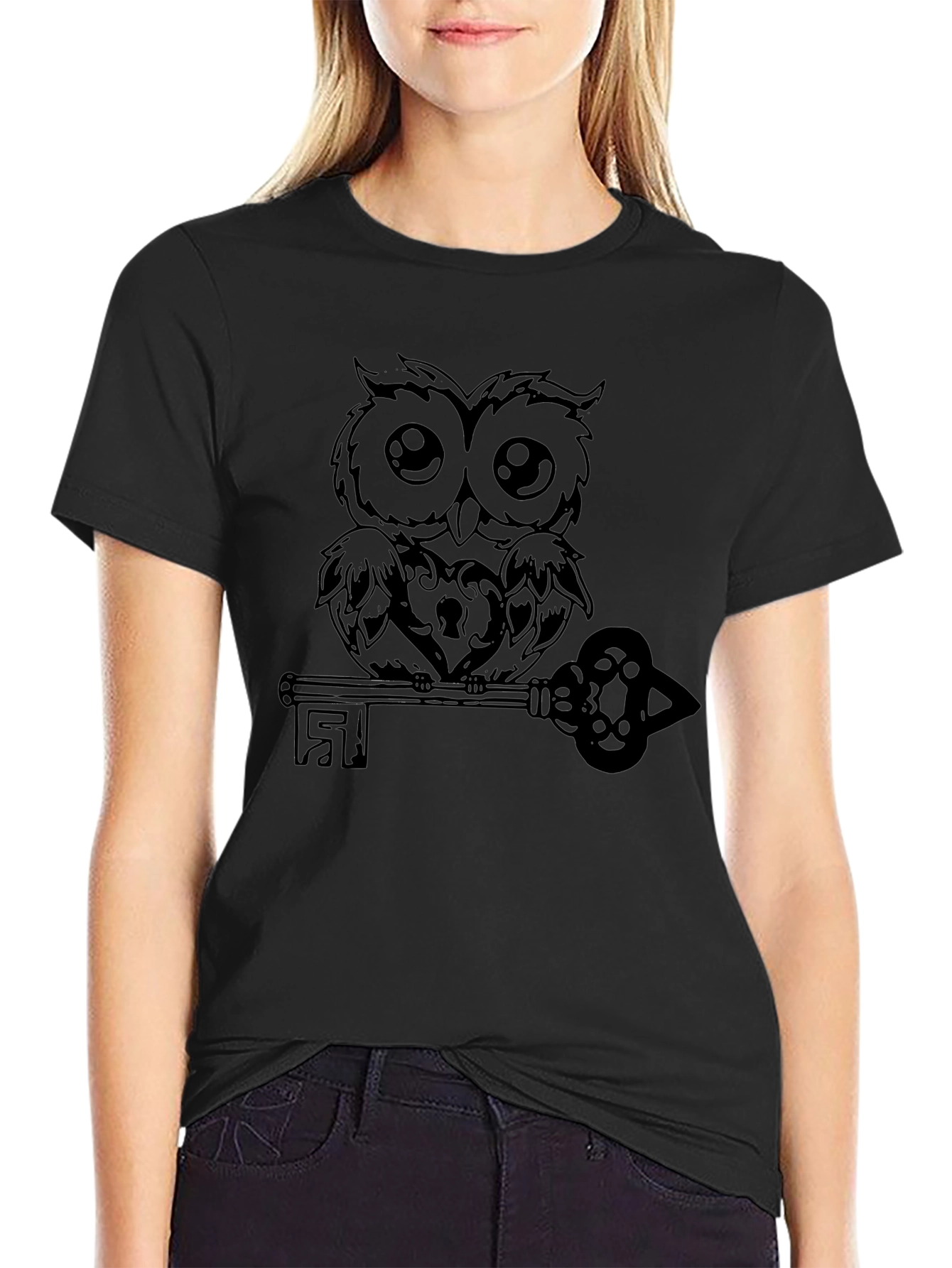 Owl and Key Graphic Black T-Shirt