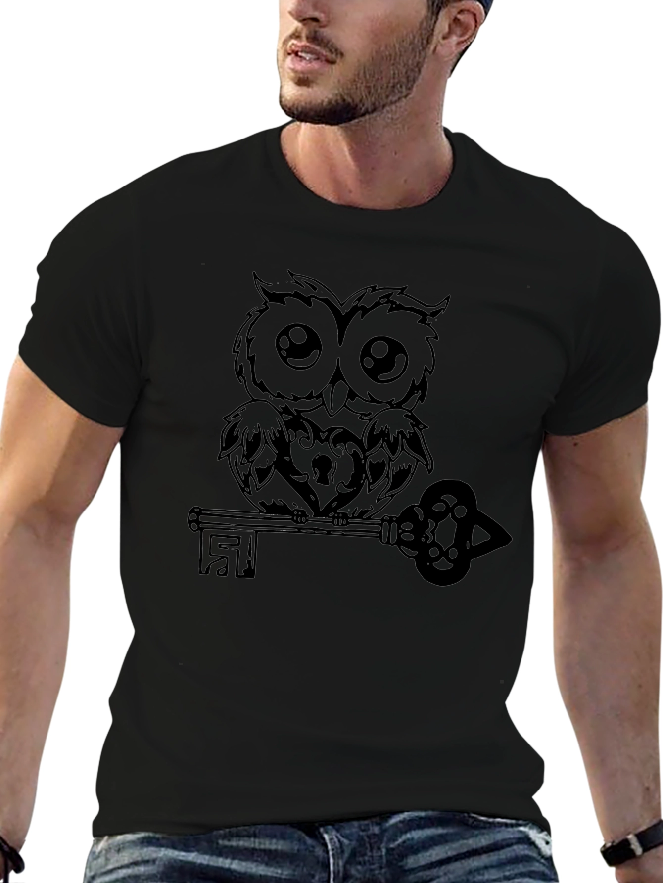 Owl and Key Graphic Black T-Shirt