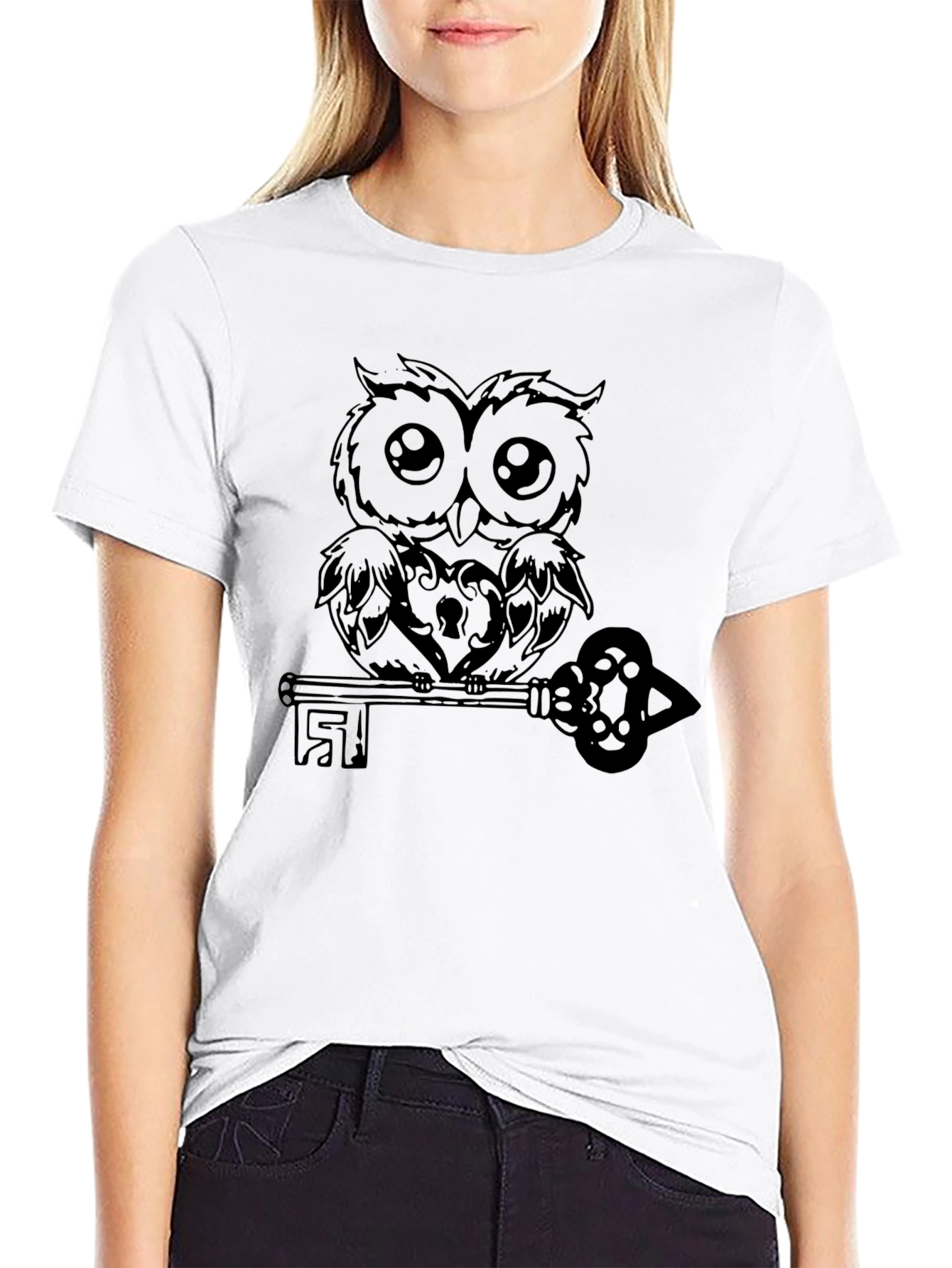Owl and Key Graphic Black T-Shirt