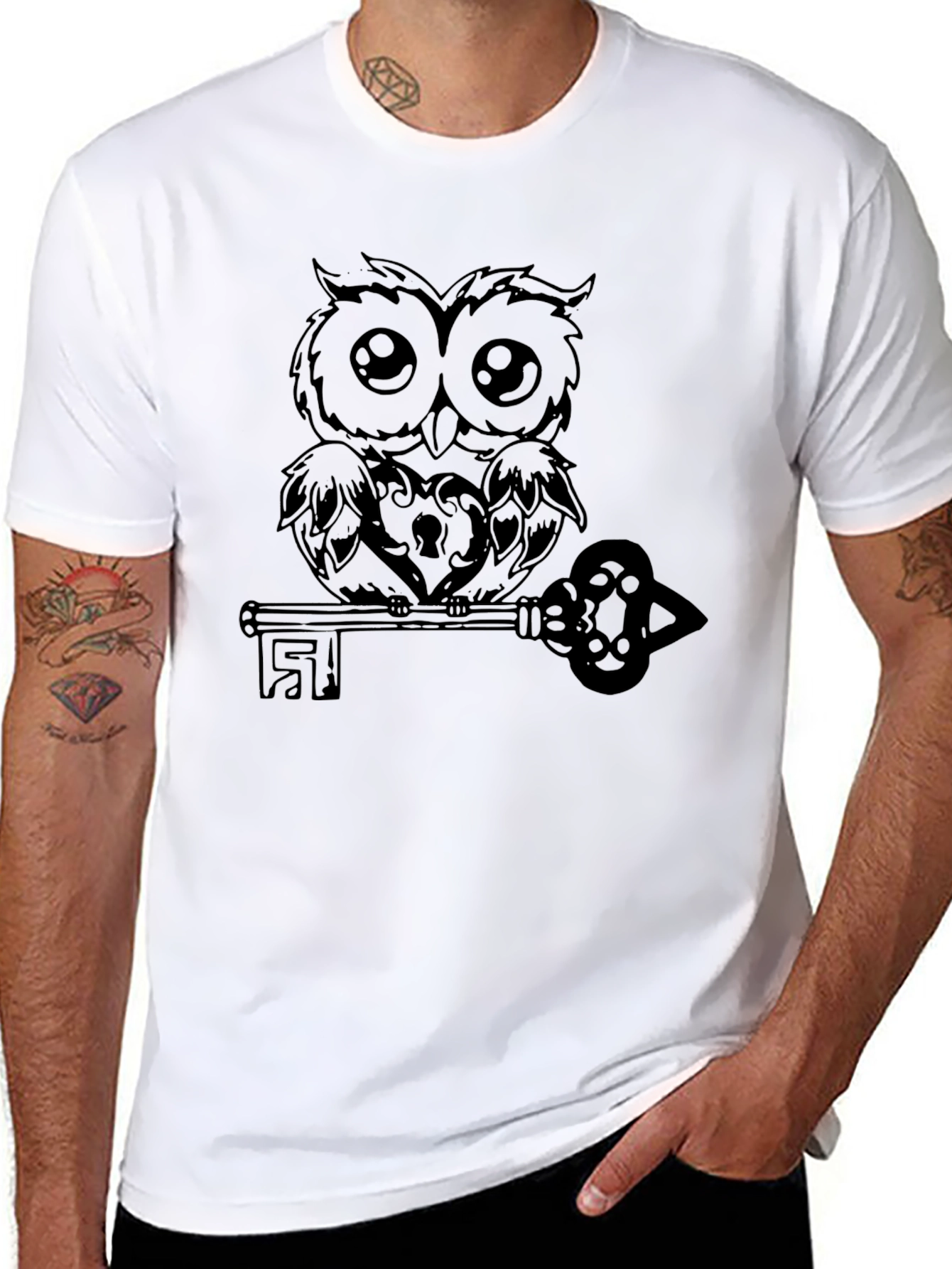 Owl and Key Graphic Black T-Shirt